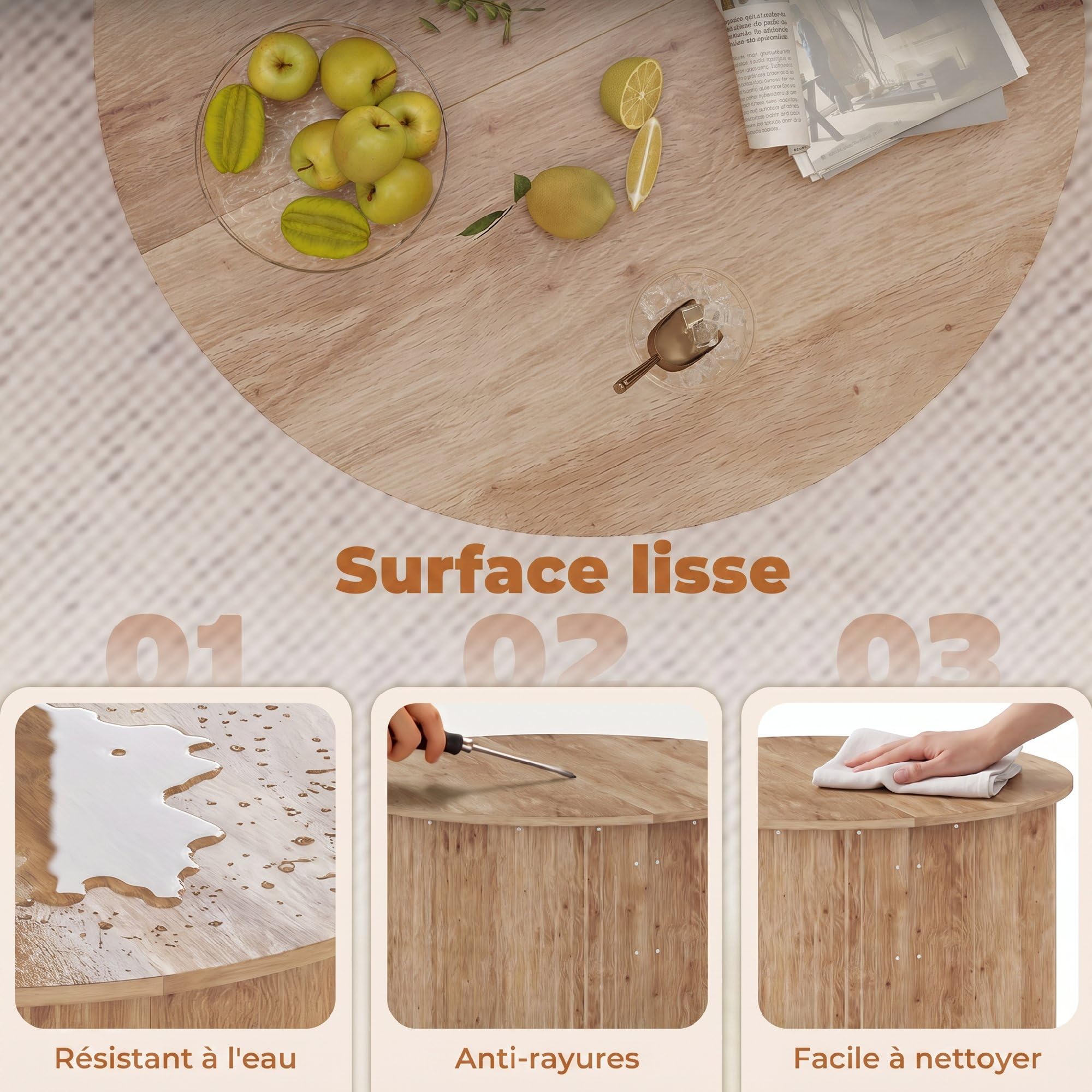 HOMCOM Mesa Centro elevable 32" Acanalada Comp. Ocultos Madera Natural | Mesa de centro redonda moderna, tapa abatible con cierre suave, para sala de estar