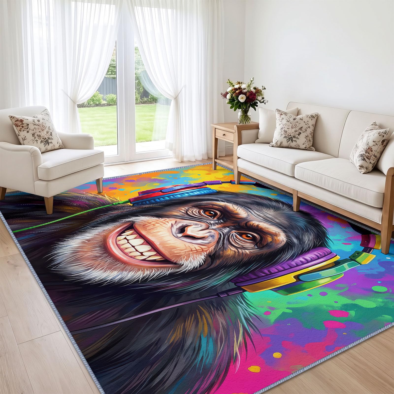 Generisch Teppich Pop Abstrakt Im Trend Wohnzimmer Kurzflor Moderne Deko, Buntes Graffiti Kopfhörer Schimpanse Teppich Grösse: 240 x 300 cm Farbe:Bunt für Wohnzimmer Schlafzimmer Esszimmer Büro