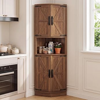 BonVache Tall Kitchen Cabinet Corner Cabinet Bathroom Cabinet Narrow Corner Shelf with 4 Doors and 5 Shelves 165 cm Wooden Storage Cabinet Tall Cabinet for Kitchen Living Room Dining Room