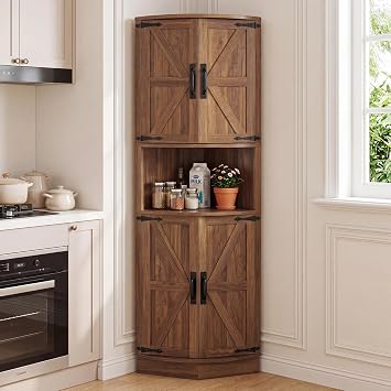 BonVache Tall Kitchen Cabinet Corner Cabinet Bathroom Cabinet Narrow Corner Shelf with 4 Doors and 5 Shelves 165 cm Wooden Storage Cabinet Tall Cabinet for Kitchen Living Room Dining Room