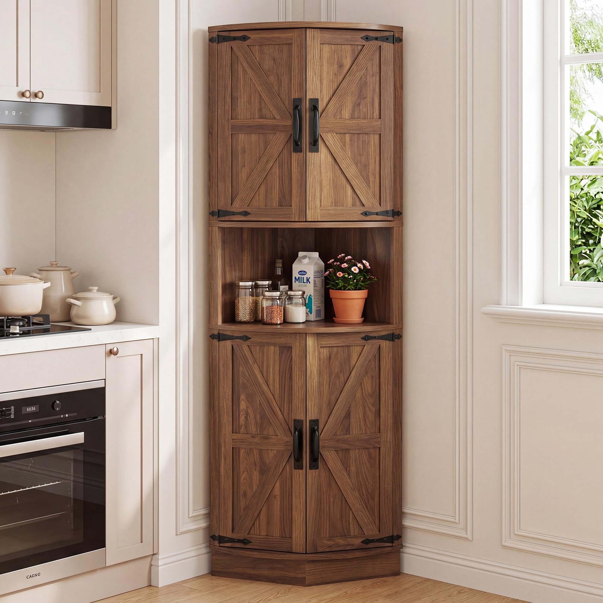 BonVache Armoire de cuisine haute, armoire d'angle, armoire de salle de bain étroite, étagère d'angle avec 4 portes et 5 étagères, 165 cm, en bois, pour cuisine, salon, salle à manger, noyer clair