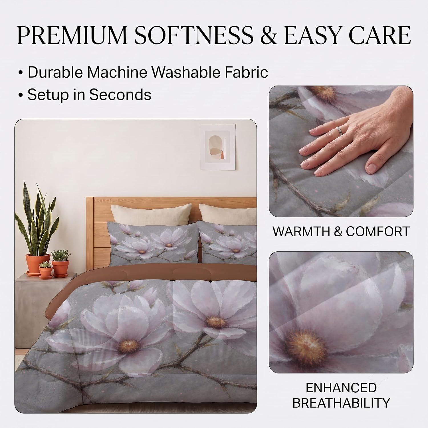Traditional Flowers Quilt Set King 3 Pieces, Light Pink Quilts Bedding Set Magnolia Flower Branches Bedspread Bed Cover Lightweight Spring Summer Beds Coverlet for All Season - 104"X90"