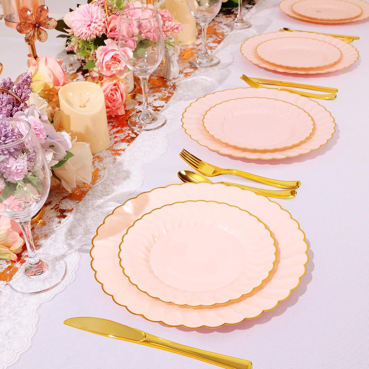 150 Pcs Pink and Gold Scalloped Plastic Plates,Disposable Dinnerware Set Including 30 Pink Dinner&Dessert Plates,Gold Plastic Silverware for Party,Birthday,Wedding