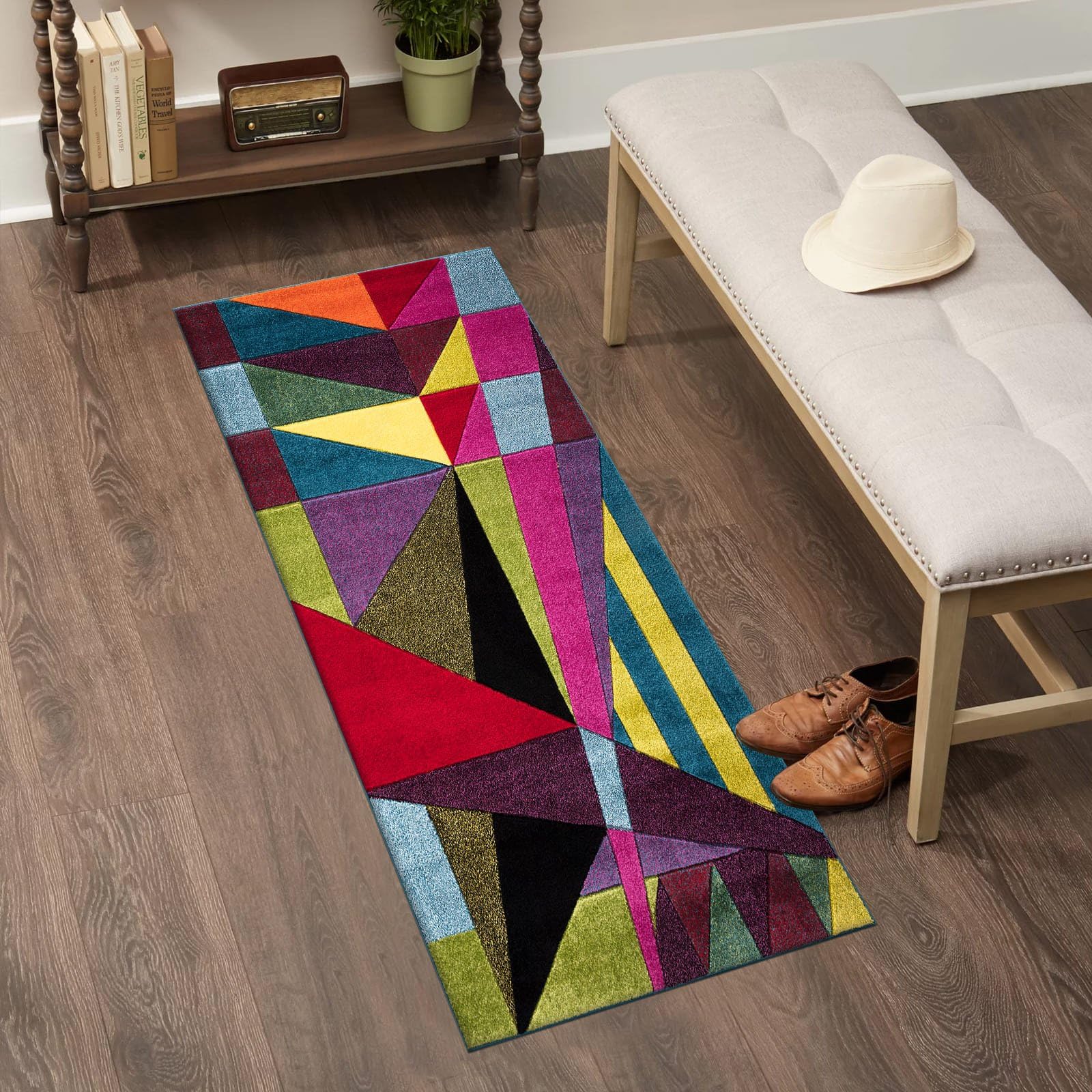 renoazul® Multicoloured Carpet Runners For Hallways - 60x220 cm - Polygon Design | Thick Piles, Jute Backing, Washable Rugs For Living Room, Hall Runner & Bedside Rug — image 1