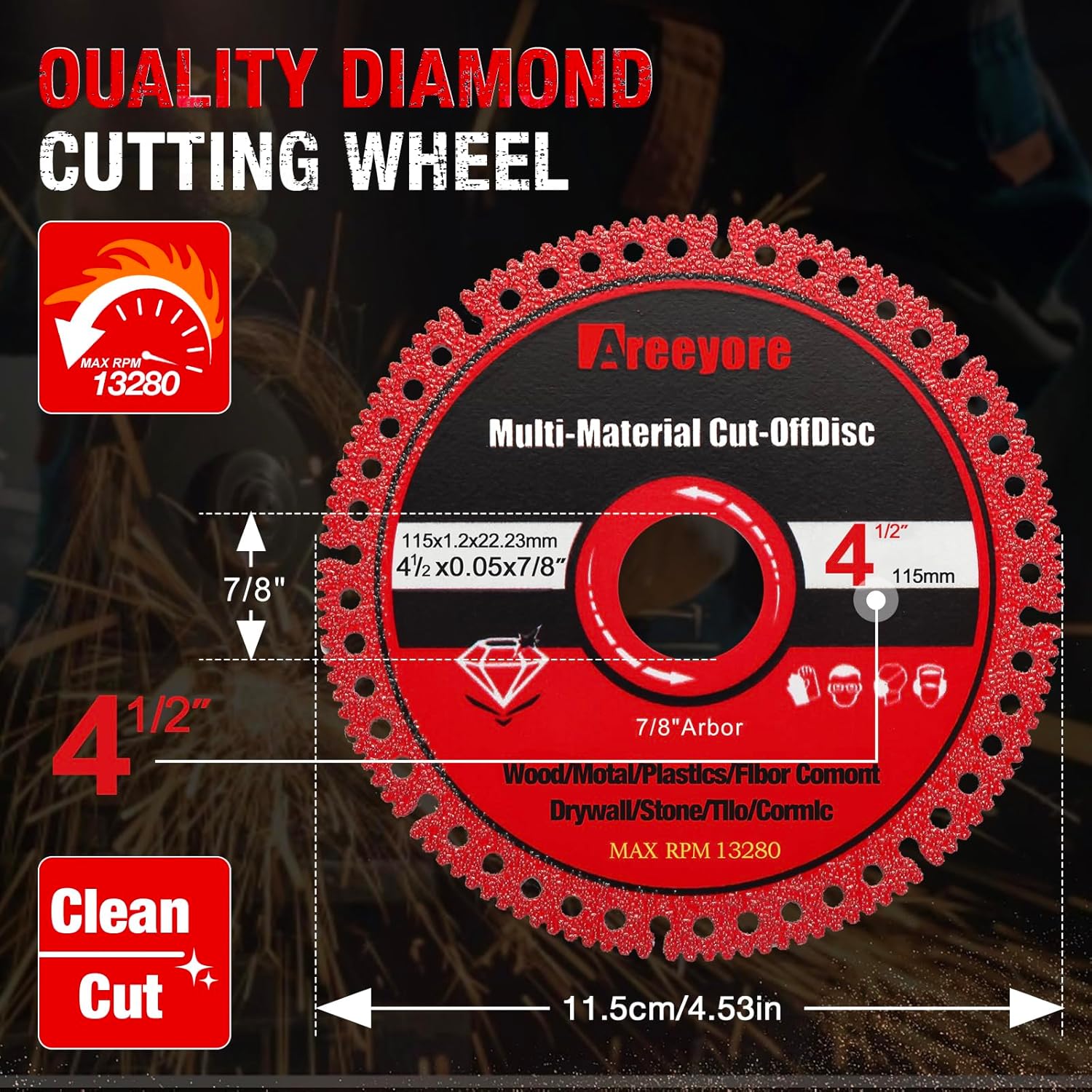 4.5" Diamond Multi-Material Cut Off Wheel for Angle Grinder, 7/8" Arbor, Long-Life Low-Spark Cutting Disc for Metal, Wood, Plastic, Tile, Stone and Fiber Cement – Fast Clean Cuts – 3 Pack