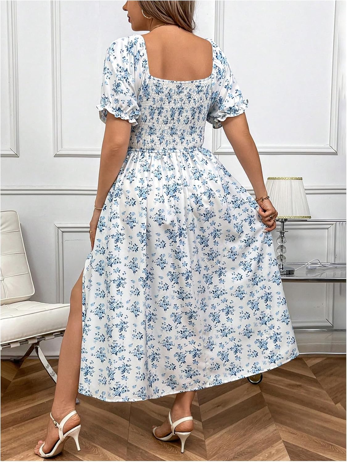 Verdusa Women's Plus Size Boho Floral Long Dress Square Neck Shirred Flowy Wedding Guest Dresses - Image 2