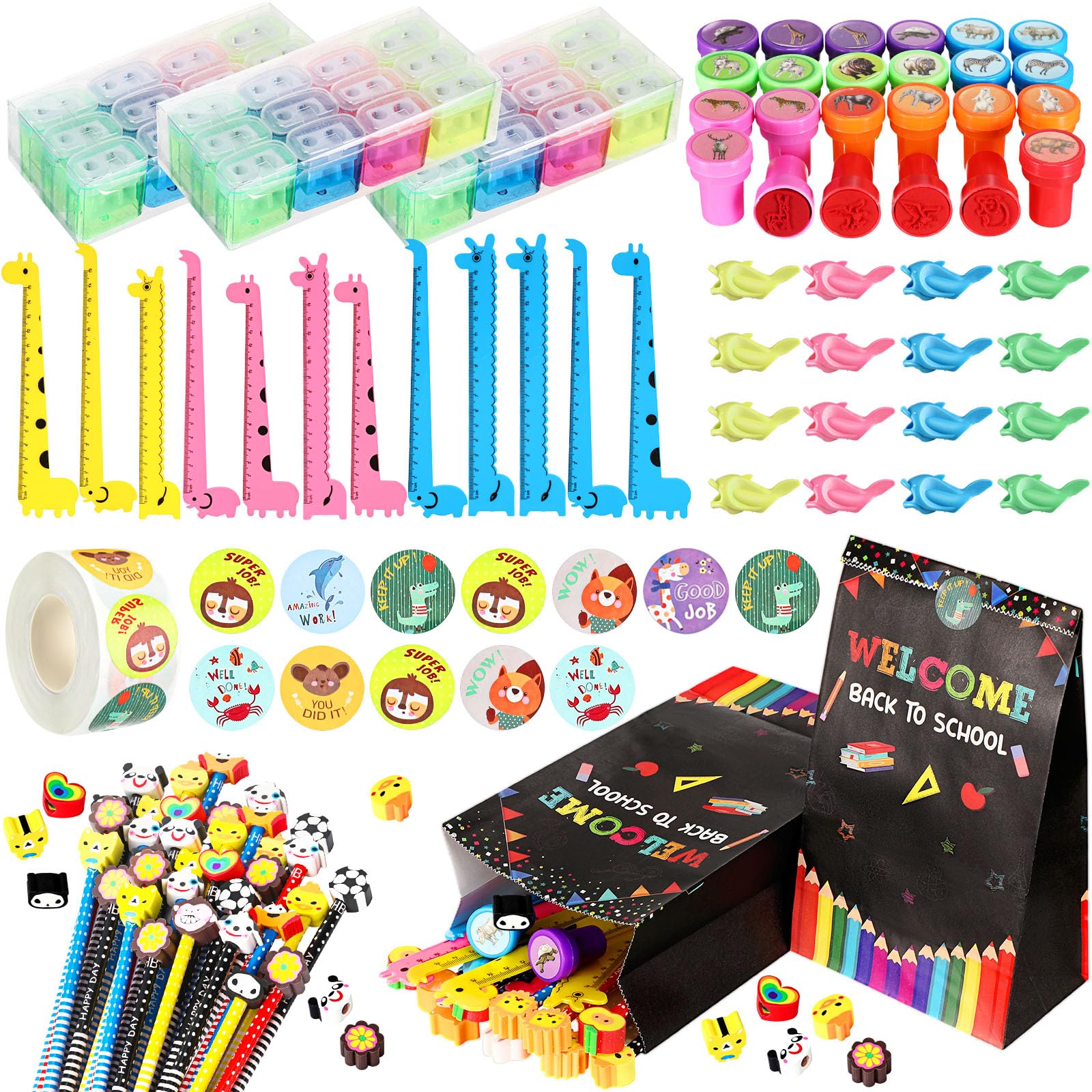 Colarr 145 Pcs 145 Pcs Back to School Gifts for Students Welcome Back to School Bags, Animal Stamps, Pencils, Handwriting Grips, Sharpeners, Rulers, Stickers for Classroom Gifts Goodie Bags Fillers