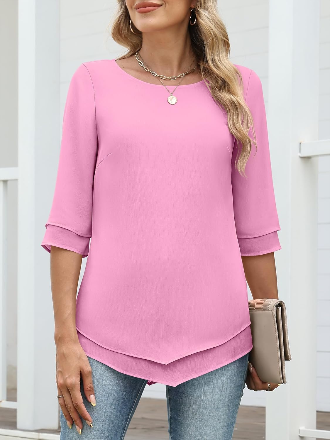 ANRABESS Womens 3/4 Sleeve Blouses Dressy Casual Double Layers Shirts Flowy Tunic Top 2026 Spring Beach Vacation Clothes - Image 2