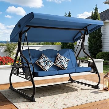 3 Seat Outdoor Porch Patio Swing with Adjustable Canopy& Backrest,Outdoor Swing for Adults,3 in 1 Convertible Swing Bed with Cushions & Cup Holders for Yard Deck Garden Blue