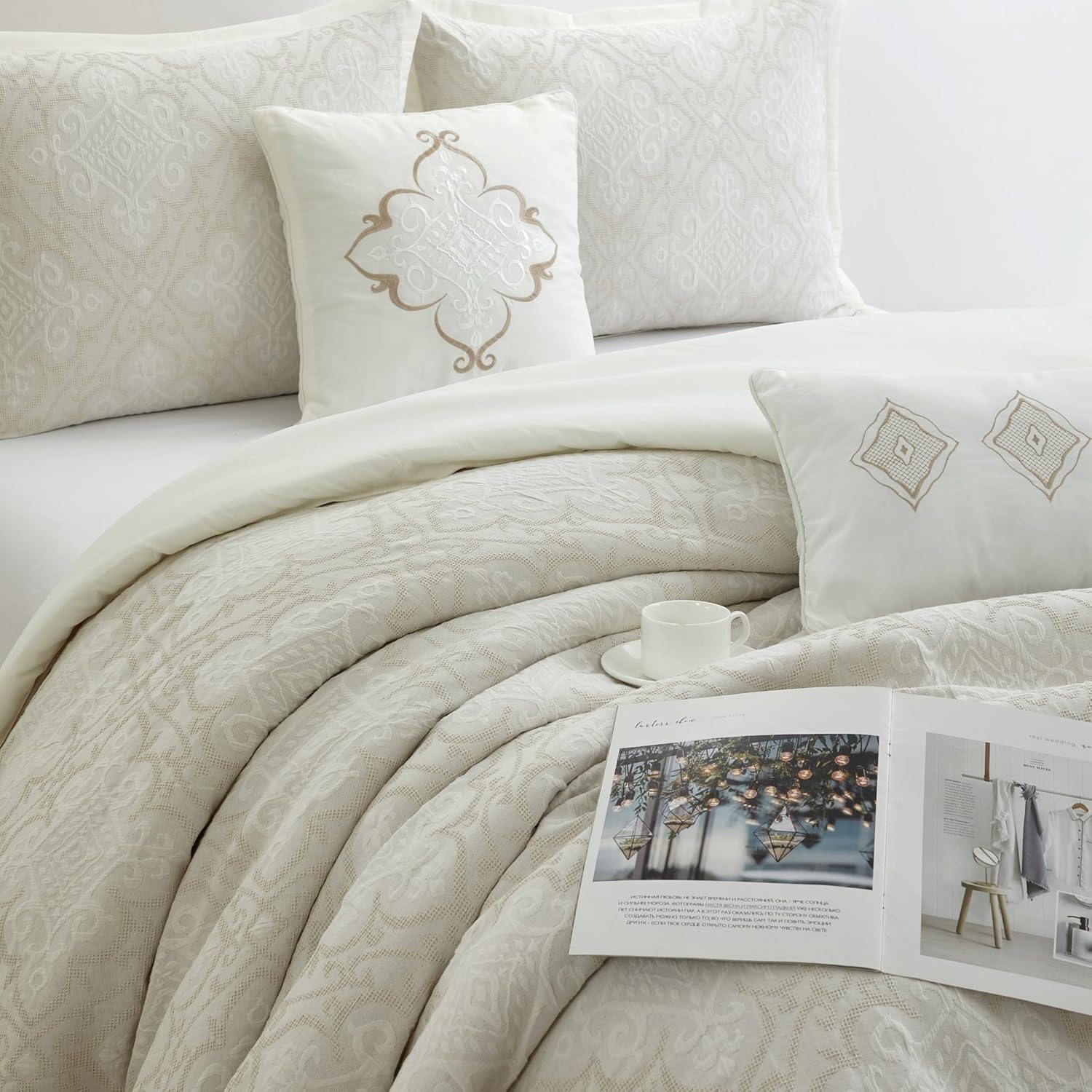 Grand Avenue 6 Piece Cotton White Comforter Set, King Size Jacquard Bedding Set, All Season Geometric Bedding, Matching Pillows, Shams, Bed Skirt