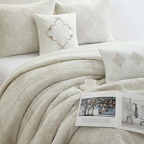 Miniatura 3 de Grand Avenue Juego de edredón blanco de algodón de 6 piezas, juego de cama jacquard tamaño California King, ropa de cama geométrica para todas las