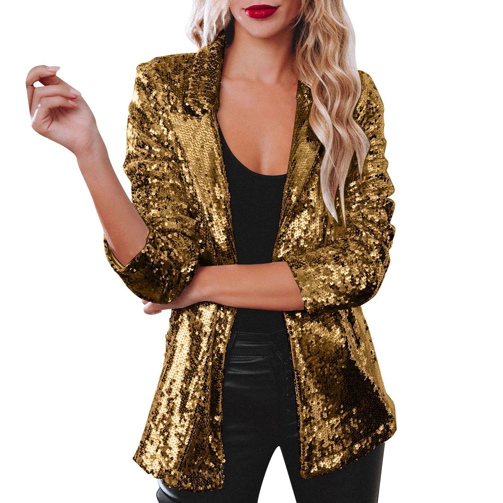 Sequin Blazer for Women Shimmer Jacket Long Sleeve Casual Glitter Party Shiny Lapel Coat Rave Lightweight Blazer Coat