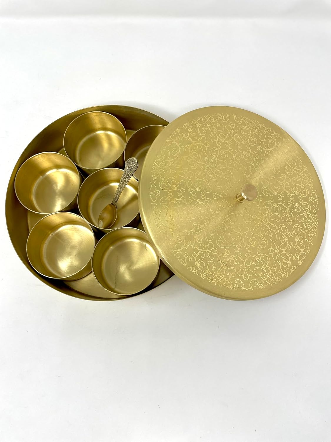 Brass Indian Spice Box, Brass masala Dabba, Brass Spice Box with 7 container & Spoon, Authentic Spices, Masala Box with Individual containers | Size 8 x 8 x 2 IN (Indian Spice Box Only)