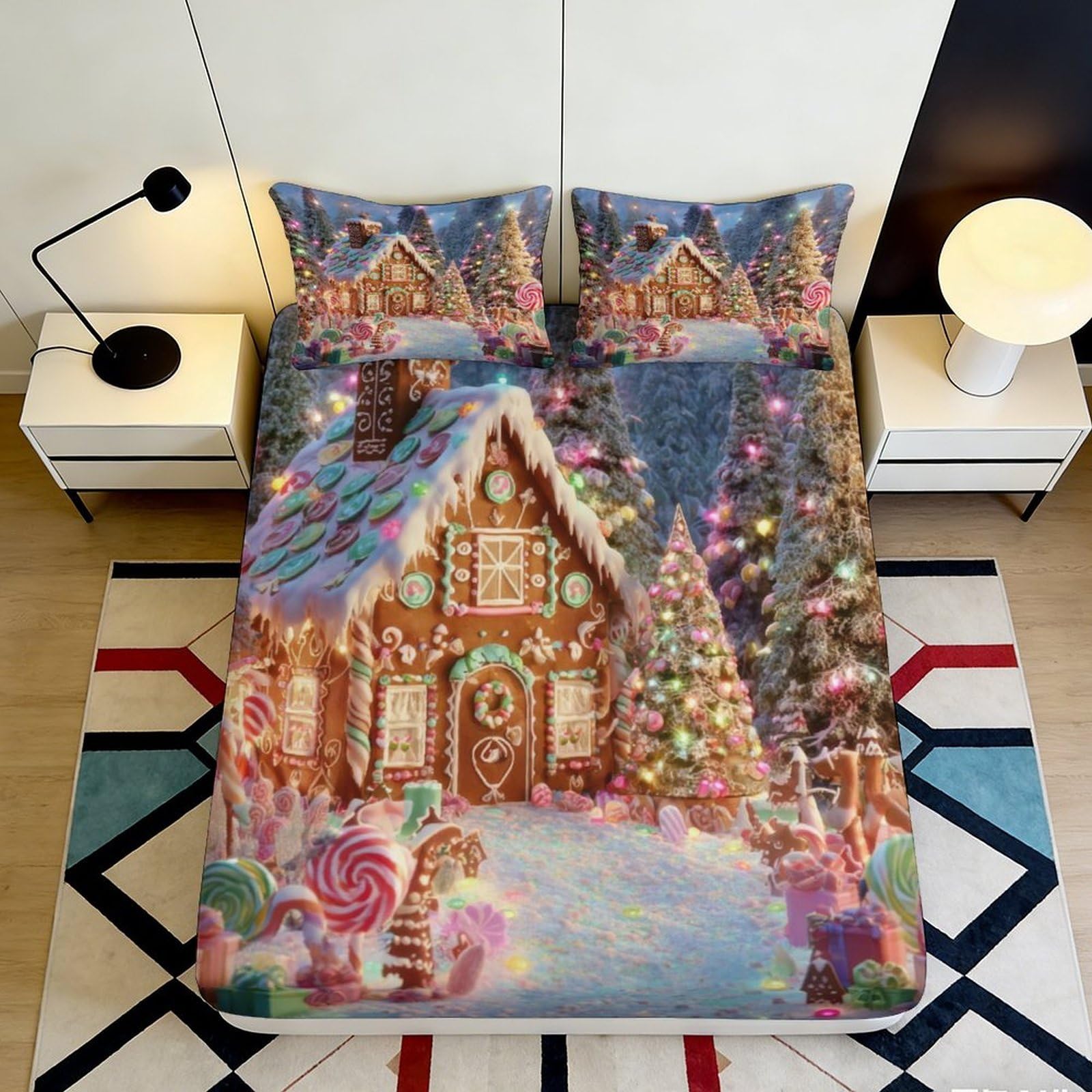 3D Printed Gingerbread House Fitted Sheet Microfiber Deep Pocket Bedroom Bedding Gingerbread House Mattress Fitted Cover for Adults Teens 90x200x25cm
