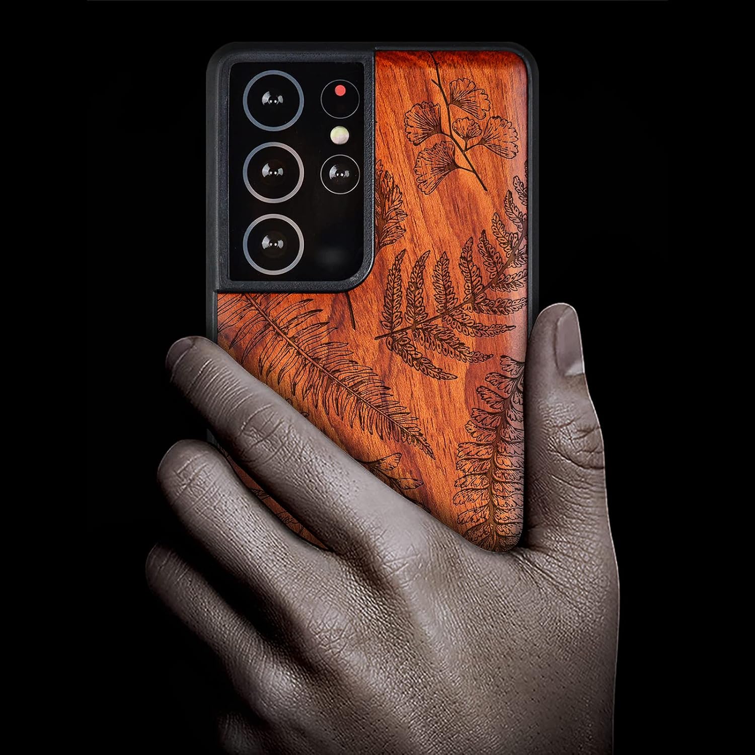 Carveit Wood Case for Galaxy S21 Ultra Case [Natural Wood & Black Soft TPU] Shockproof Hybrid Protective Unique Wooden Cover Compatible with Samsung S21 Ultra 5G (Fern Leaves & Herbs-Rosy)