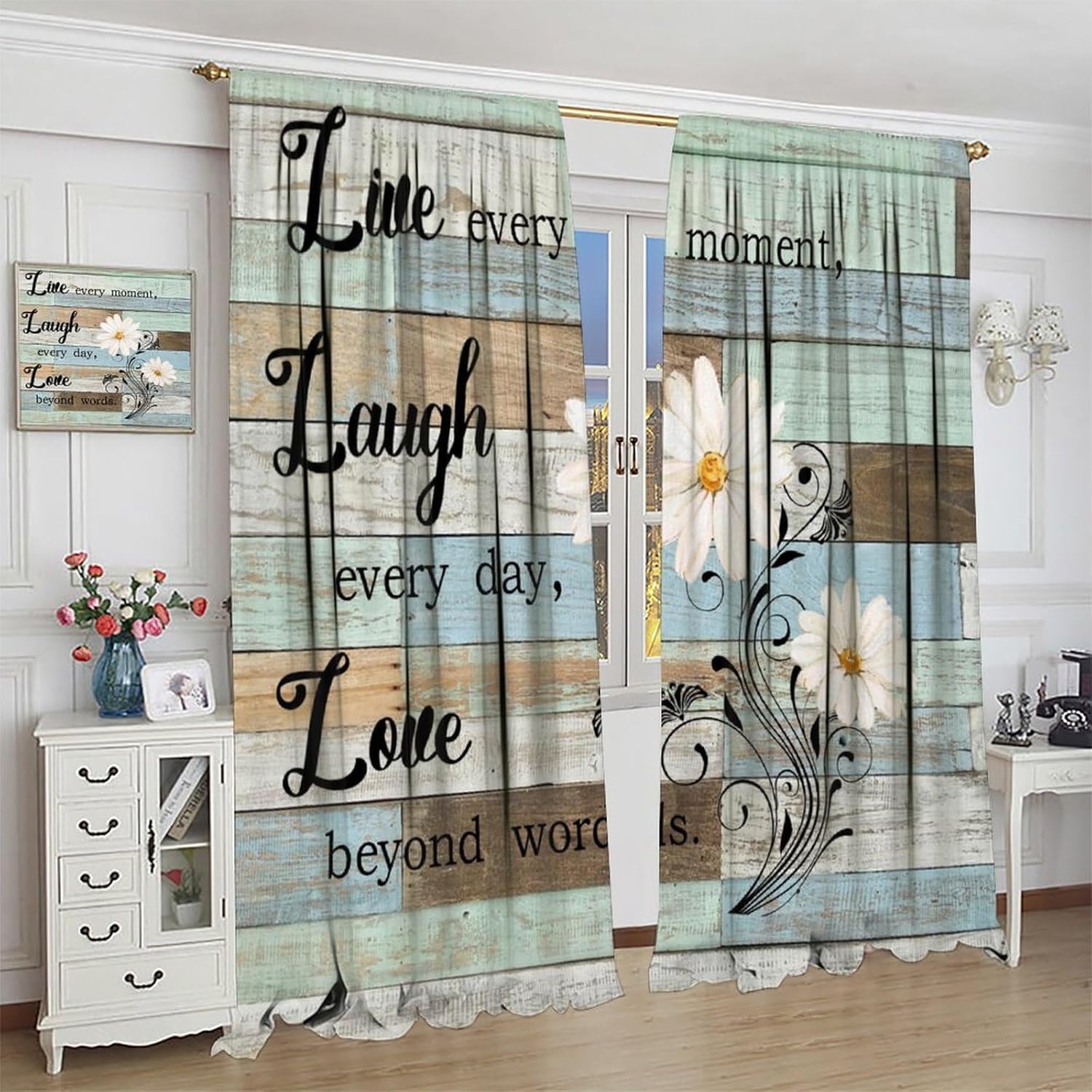 Floral Butterfly Blackout Curtain,Rustic Farmhouse Daisy Flower Wood Board Plank Window Curtains Dining Room Living Room Kitchen Cafe Bedroom Office Drapes,42x45 in