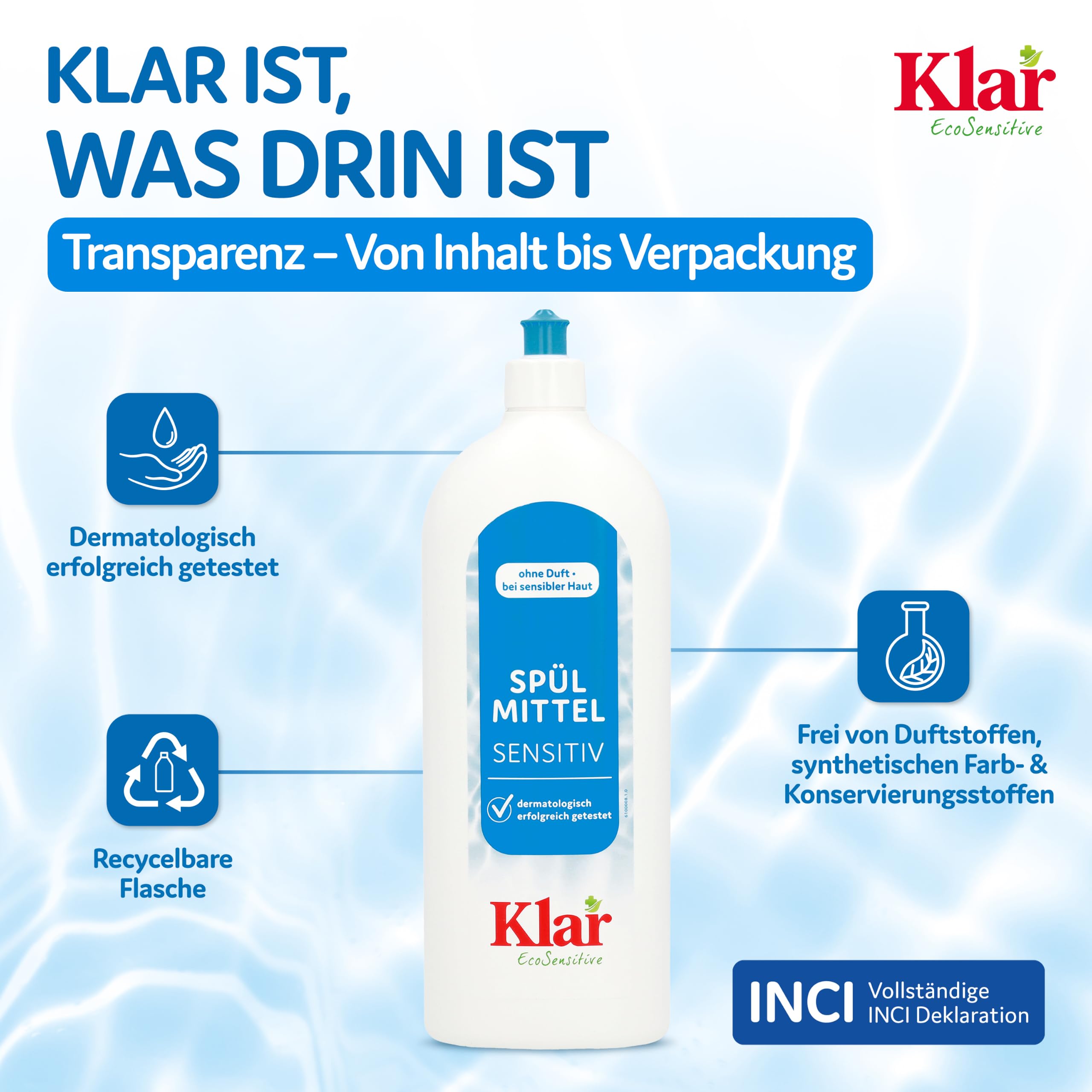 Klar EcoSensitive Spülmittel SENSITIV, 1l - Ohne Duft & hypoallergen
