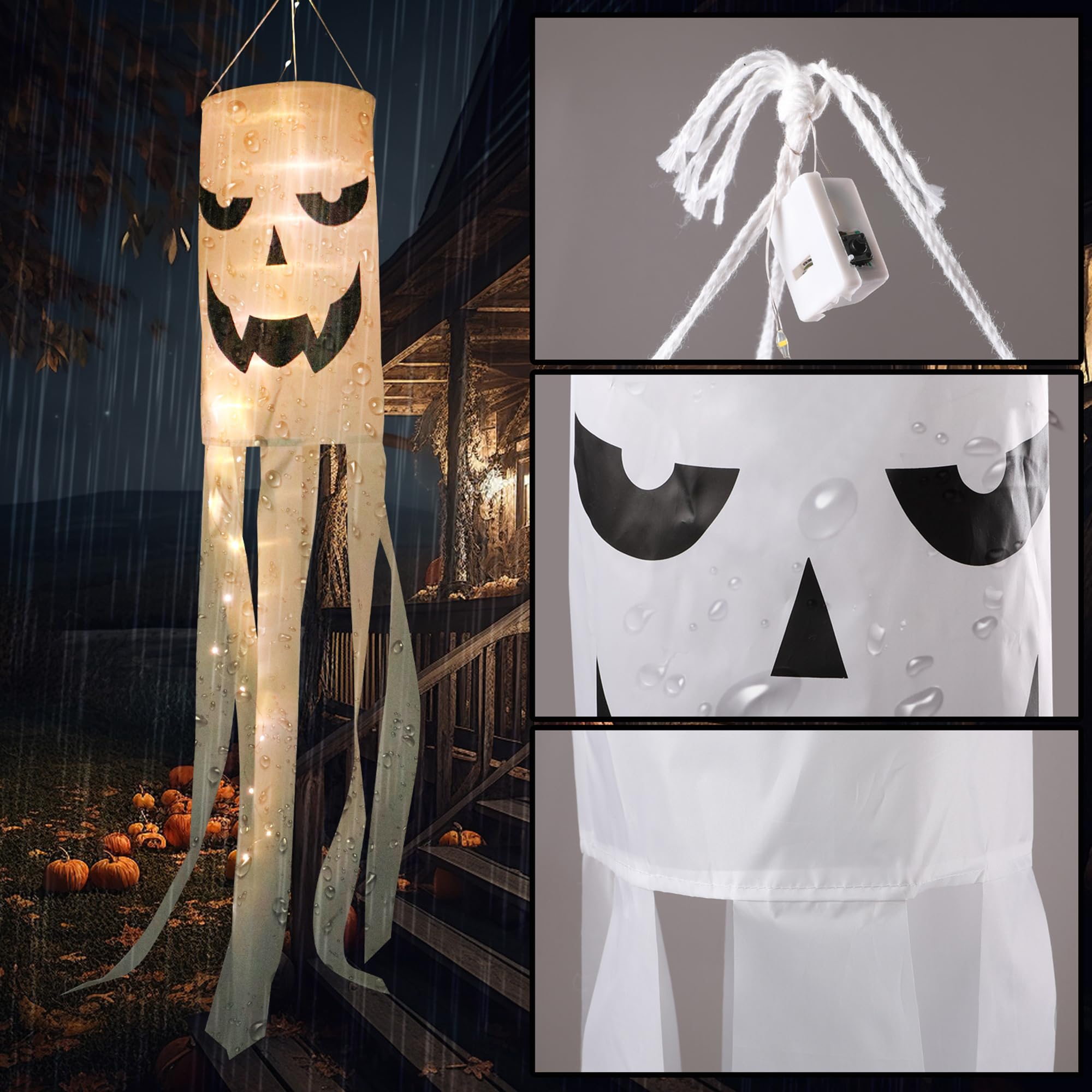 175CM Halloween Decoracion de Fantasma,Decoración Halloween Cráneo Colgante,Bandera Fantasma con Luces LED Decoración Halloween para la Fiesta de Halloween Vacaciones, Exterior, Patio