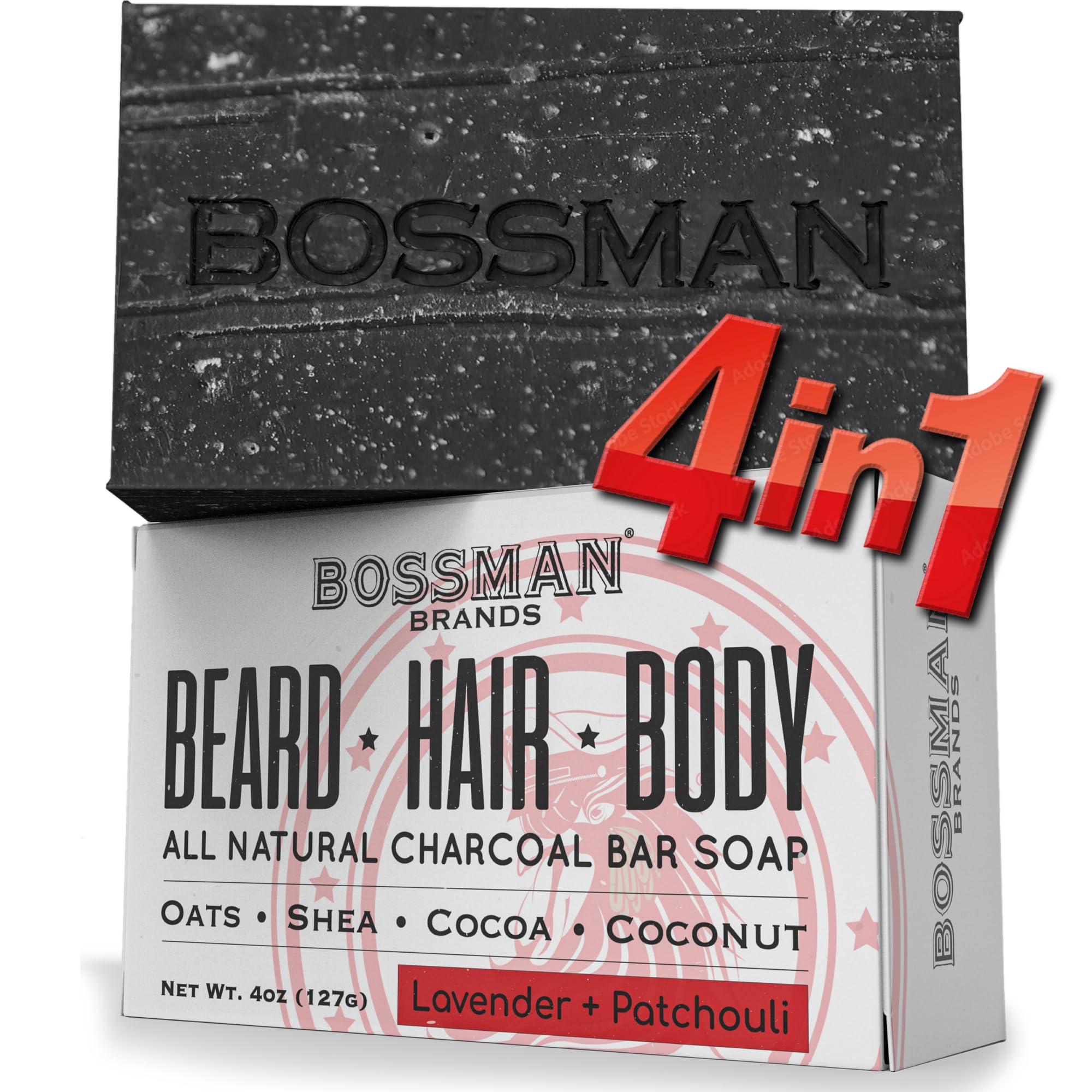 Bossman 4-in-1 Charcoal Soap Bar (4 oz) – Bar Soap for Men – All-Natural Beard Wash, Shampoo, Body Wash & Shaving Solution – Lavender & Patchouli Scent