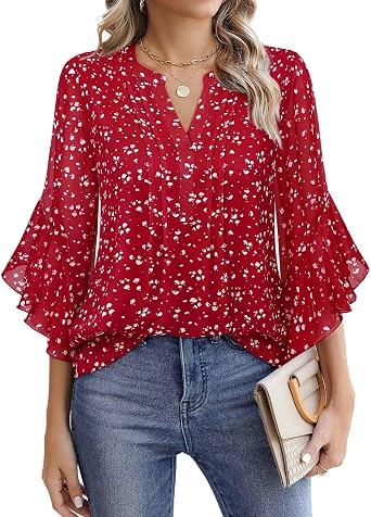 Womens 3/4 Sleeve Tops Dressy Casual Blouses for Women Chiffon Shirts Business Casual Tops for Work Ladies Dress Shirts