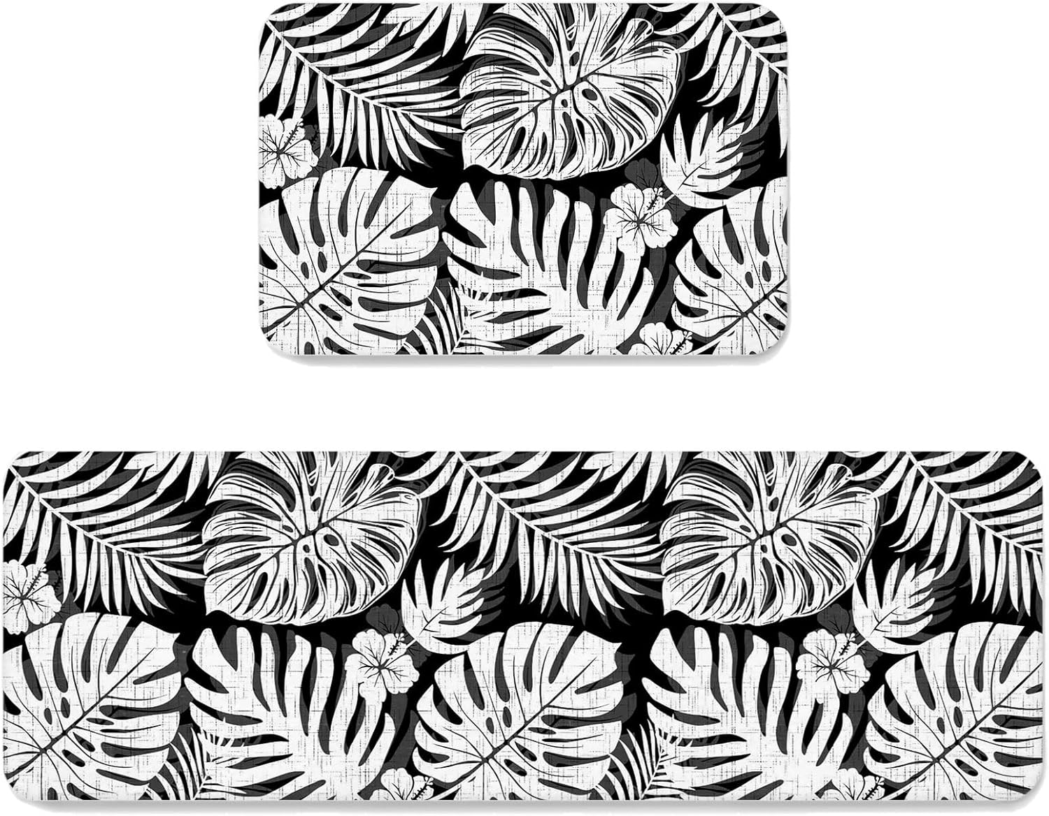 Black Palm Leaves Kitchen Mats Set of 2 Tropical Botanical Minimalist Modern Non Slip Mat Washable Floor Rug for Kitchen Sink Floor Laundry, 19.7"x31.5"+19.7"x63"