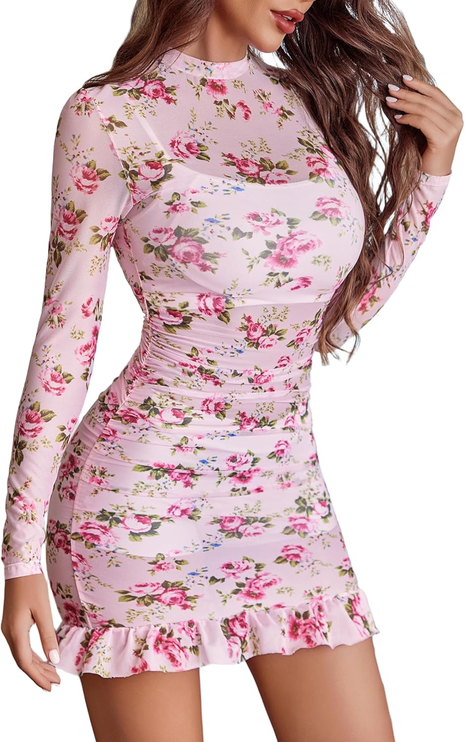 Avidlove Long Sleeve Dress for Women Bodycon Fall Sheer Mesh Dresses Mock Neck Ruched Party Clubwear Outfits S-XXL