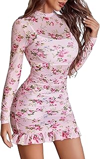 Long Sleeve Dress For Women Bodycon Fall Sheer Mesh Dresses Mock Neck Ruched Party Clubwear Outfits S-XXL
