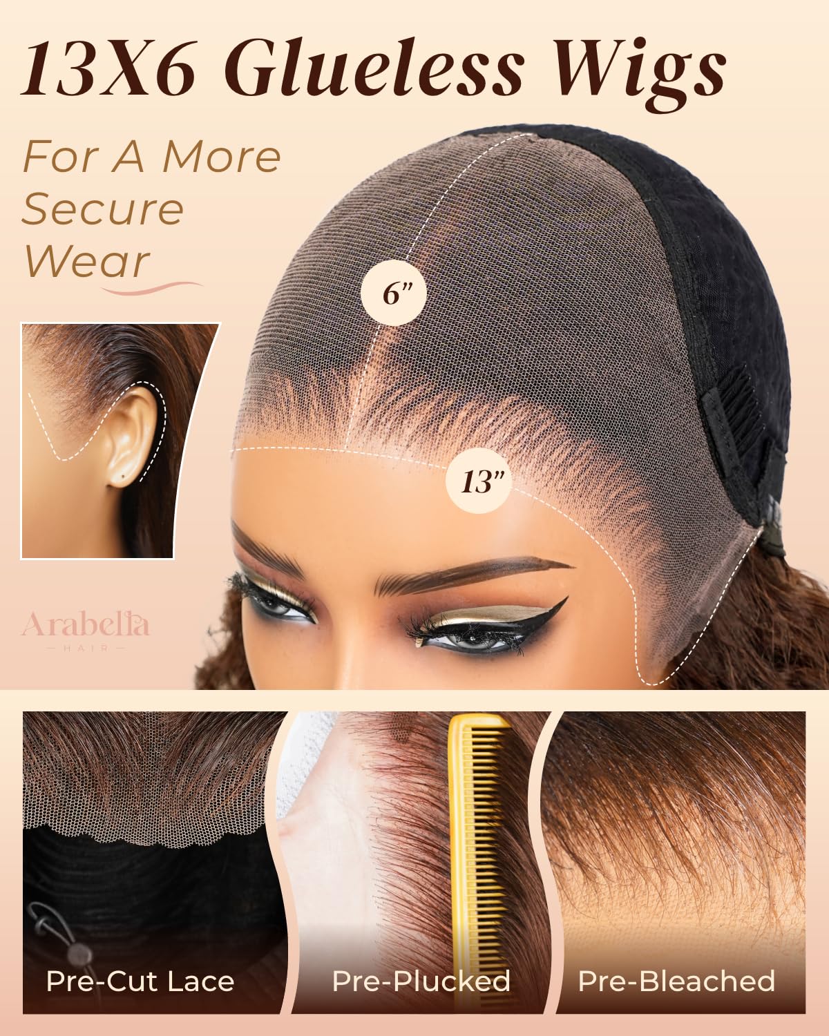 Arabella Glueless 13x6 Chocolate Brown Wigs Human Hair 230% Density Pre Plucked Pre Cut Ear-to-Ear Lace Front 12A Brown Straight Wigs Human Hair with Adjustable Drawstring Dark Brown 20 Inch