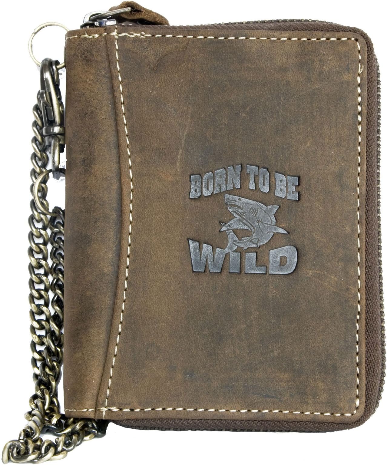 Large Zip-around (zipper around) Genuine Leather Wallet Born to be Wild with Metal Chain