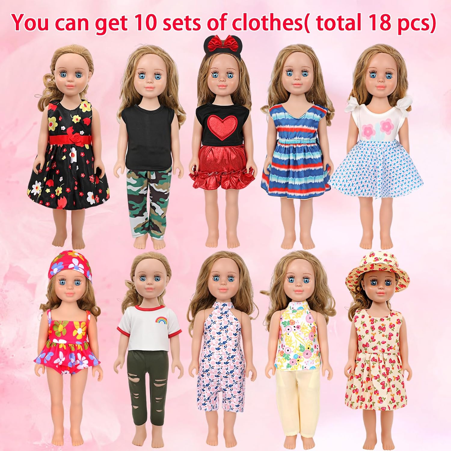MSYO 18 Inch Doll Clothes 10 Sets American Sweetheart Style Summer Casual Outfits Include Tops Skirts Pants Headpieces for 18 Inch Dolls Girls Gift