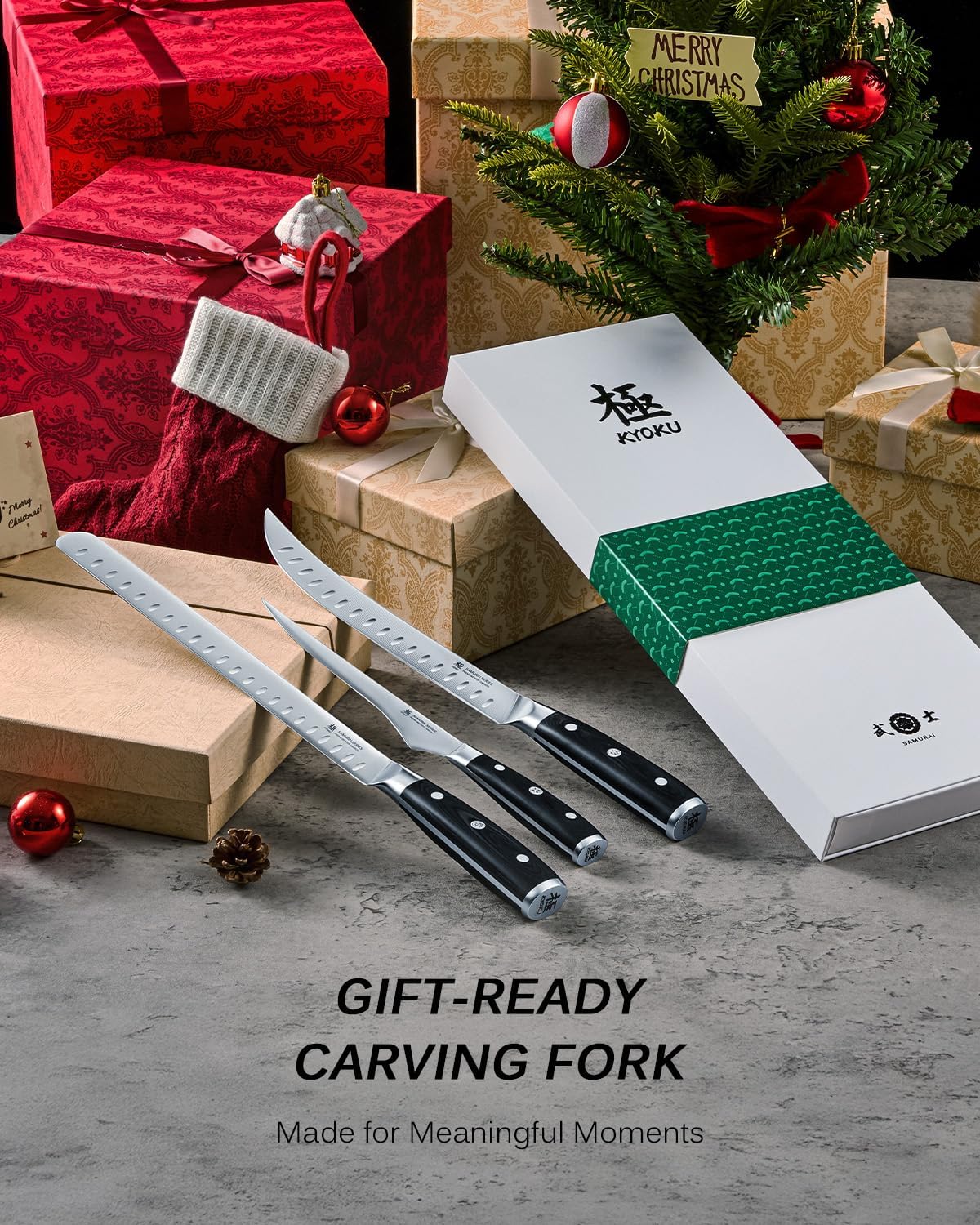 KYOKU 3pc Kitchen Knife Set, Samurai Series 6.5" Boning Knife 12" Slicing Knife 10" Butcher Knife Set, High Carbon Steel Japanese Style Knives with Pakkawood Handle Sheath for Meat Fruit Vegetable - Image 6