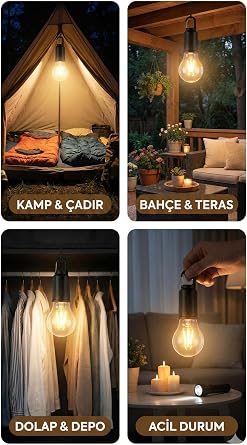 Şarjlı Taşınabilir LED Ampul Lamba – USB ile Şarj Edilebilir, 3 Kademeli Işık, Asma Kancalı & Kamp, Bahçe, Dolap, Balkon, Banyo İçin Acil Aydınlatma (3200K) [Enerji Sınıfı A]