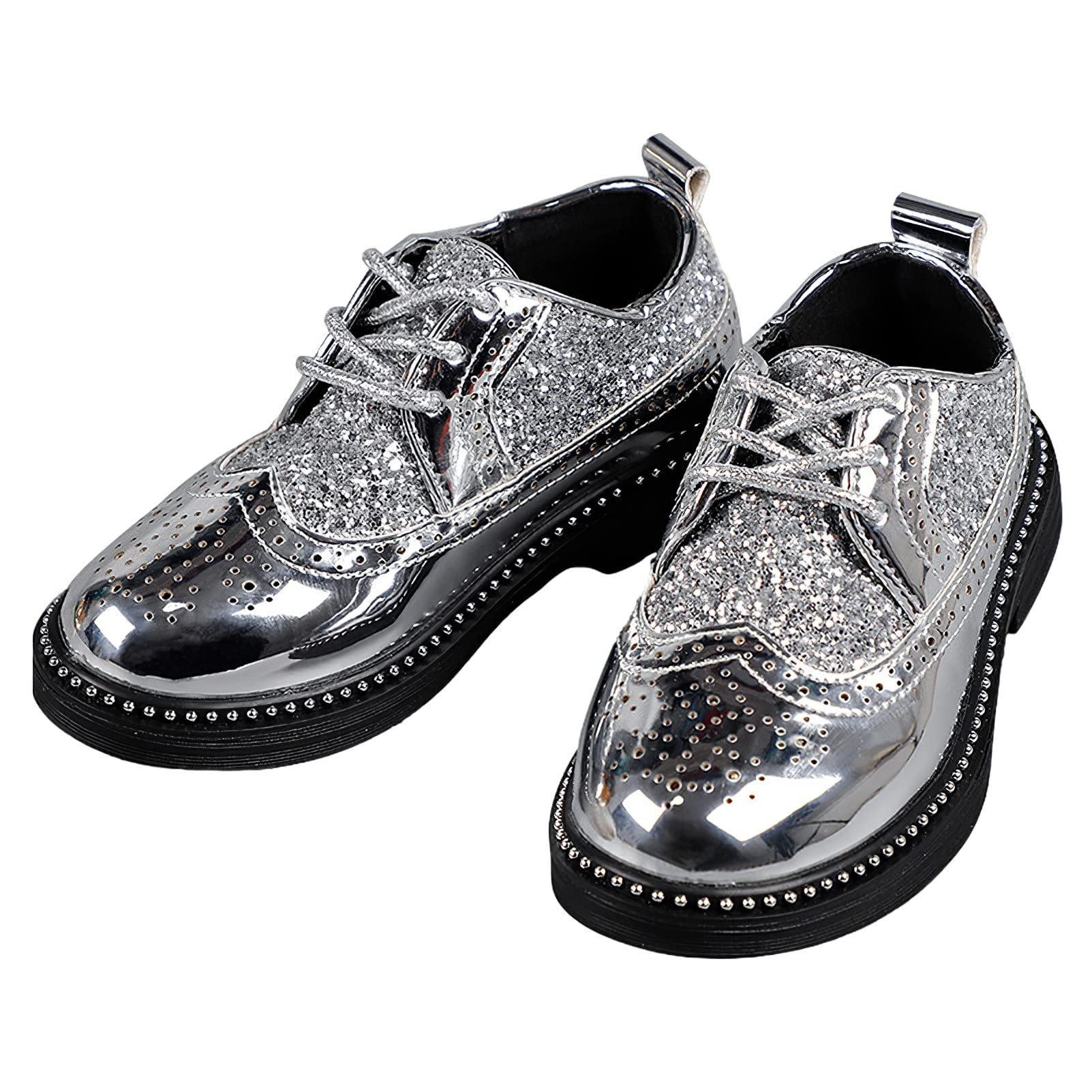 rismart Ragazzi Ragazze Stringata Brogue Oxfords Punta Rotonda Scintillante Paillettes Scarpe da Vestito Formali