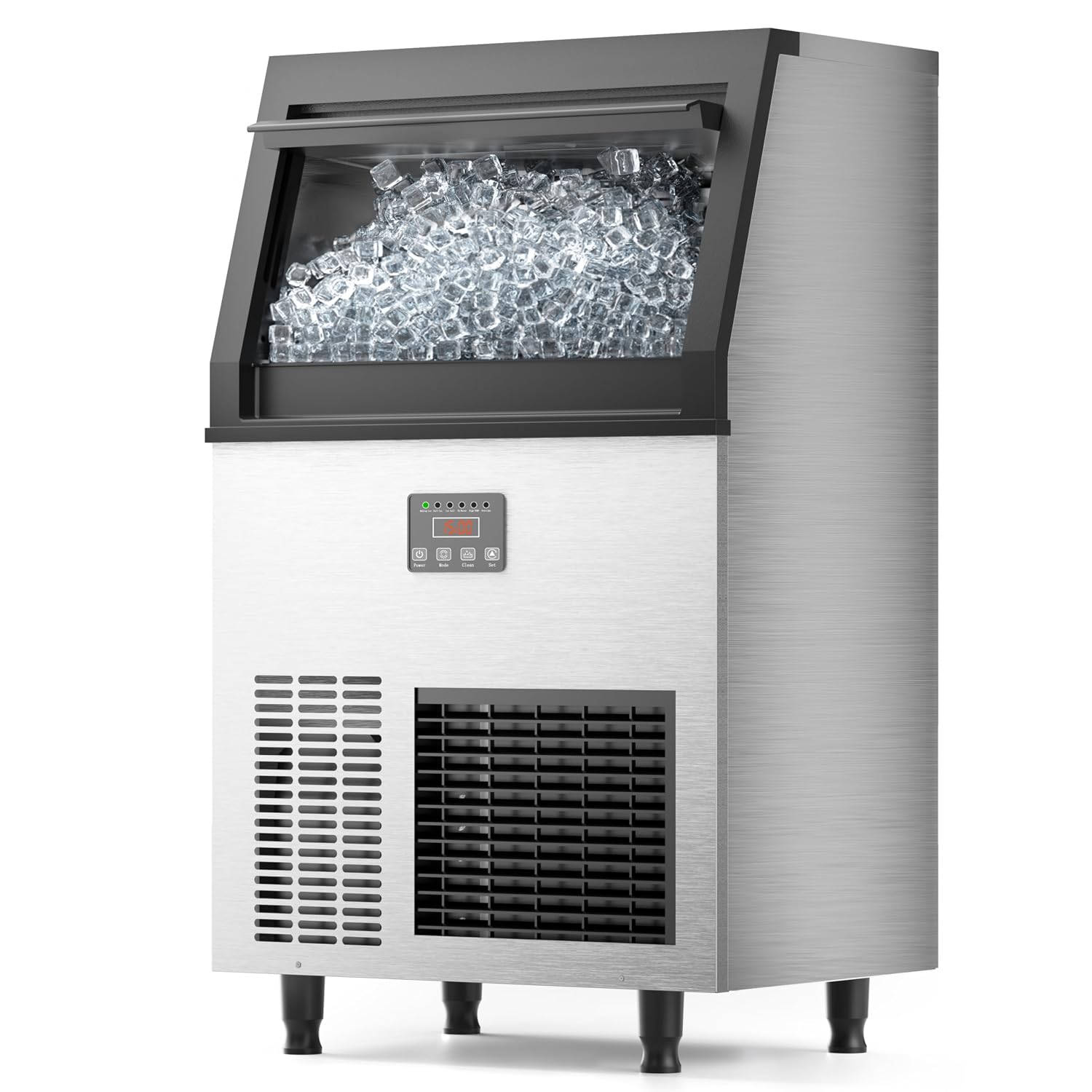 Coolake Commercial Under Counter Ice Maker Machine 100lbs/24H with 33lbs Ice Storage, 115V Air Cooled Stainless Steel Self Cleaning Freestanding Ice Maker for Home Bar