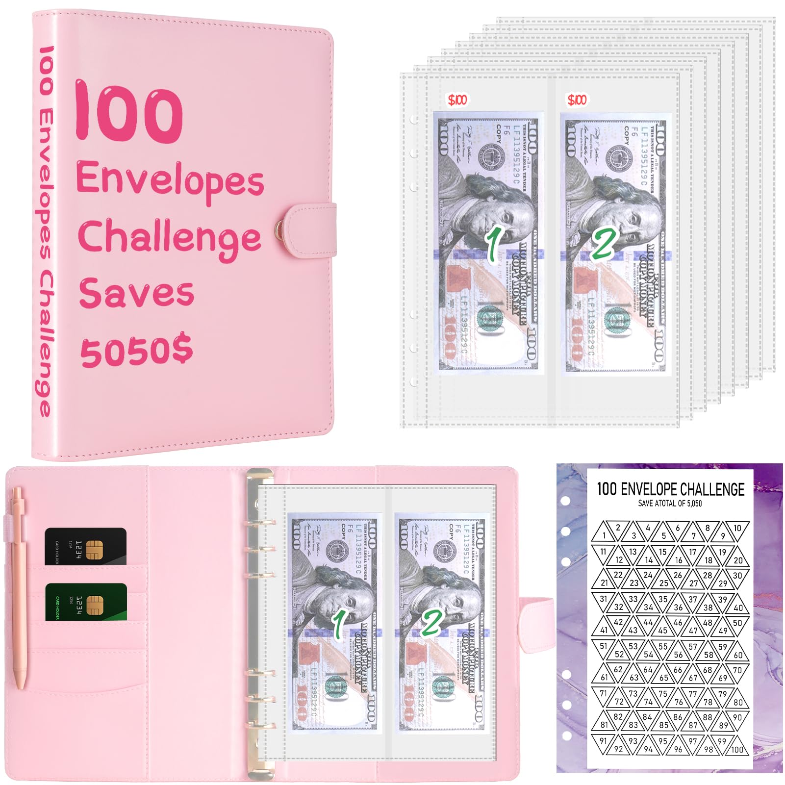 100 Envelopes Money Saving Challenge Binder Saving Over $5050 with 100 Day Challenge Money Saving Binder Budget Book with Cash Envelopes, A5 Binder For Money Saving Challenge Book, Pink