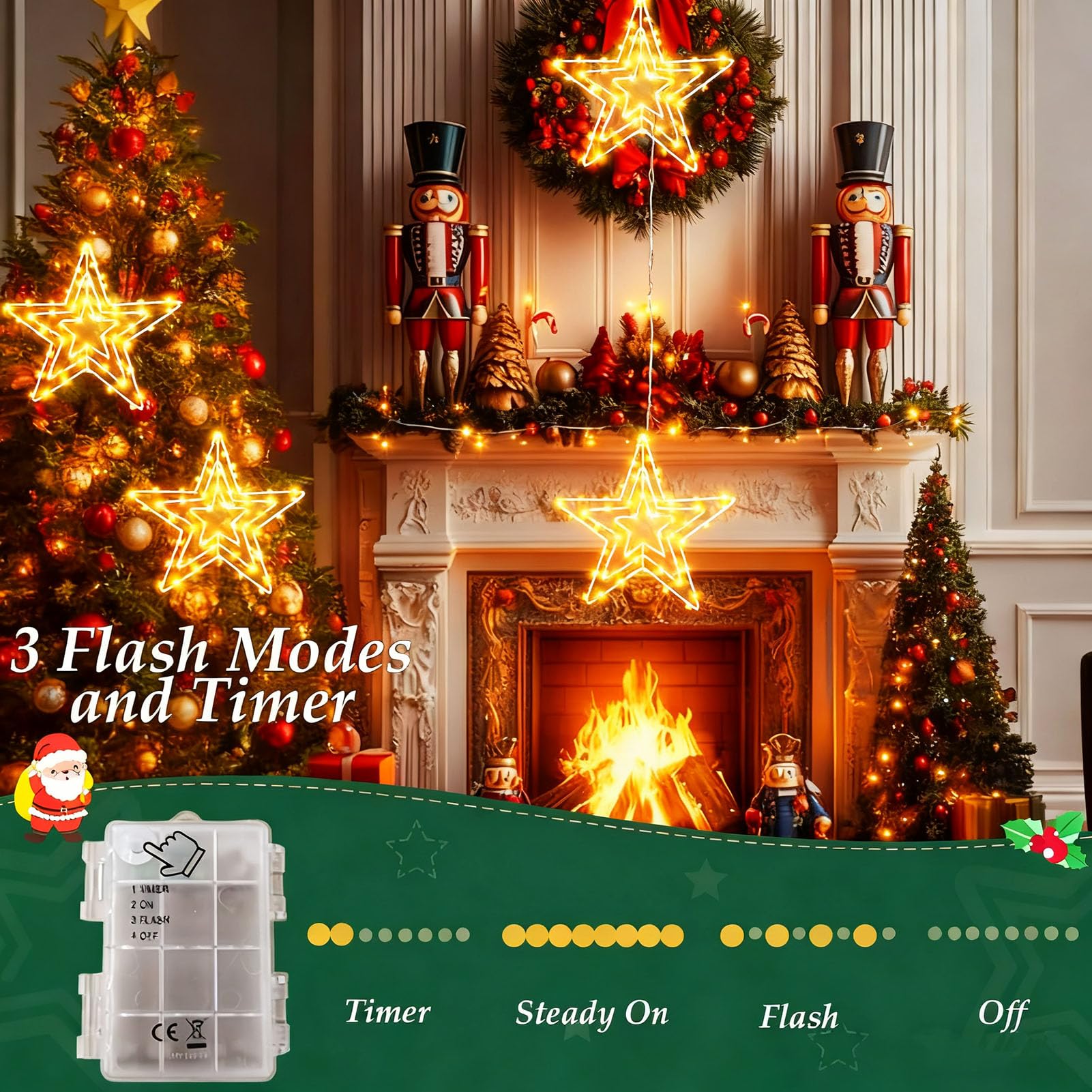 Cozymeow Grande in Metallo Decorazioni Natalizie per Esterno 2 Pezzi 75 LED Alimentazione a Batteria Stella Luminosa LED Esterno, Luci per Finestre Natale con Timer, Sospese per Stella di Natale