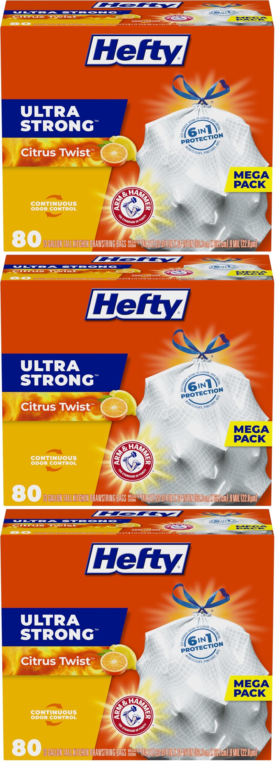 Hefty Ultra Strong Tall Kitchen Trash Bags, Citrus Twist Scent, 13 Gallon, 80 Count (Pack of 3)