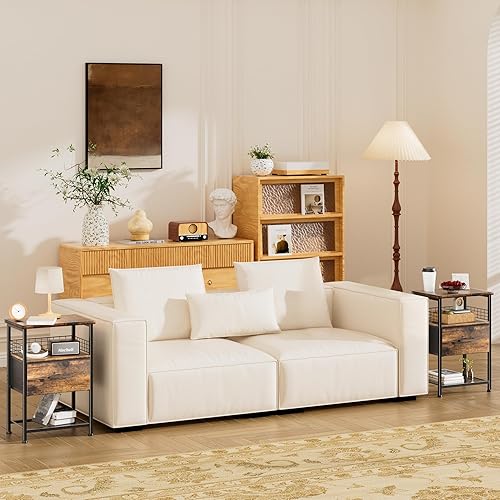 Miniatura 4 de Juego de 2 mesas auxiliares con estación de carga, mesa auxiliar estrecha con tira de luz LED para espacios pequeños, mesitas de noche con 2