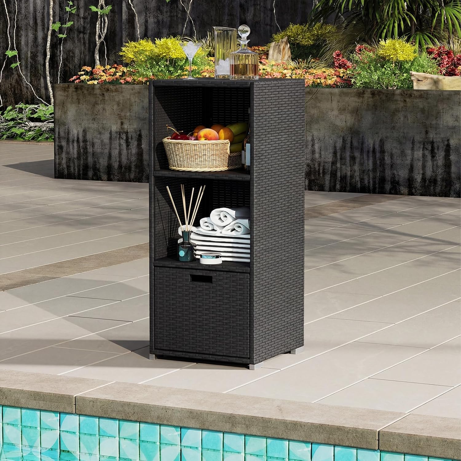 HAPPYGRILL Outdoor Storage Cabinet PE Rattan Wicker Storage Shed Organizer with Shelves Drawer, for Patio Porch, Garden, Backyard and Poolside (Black)