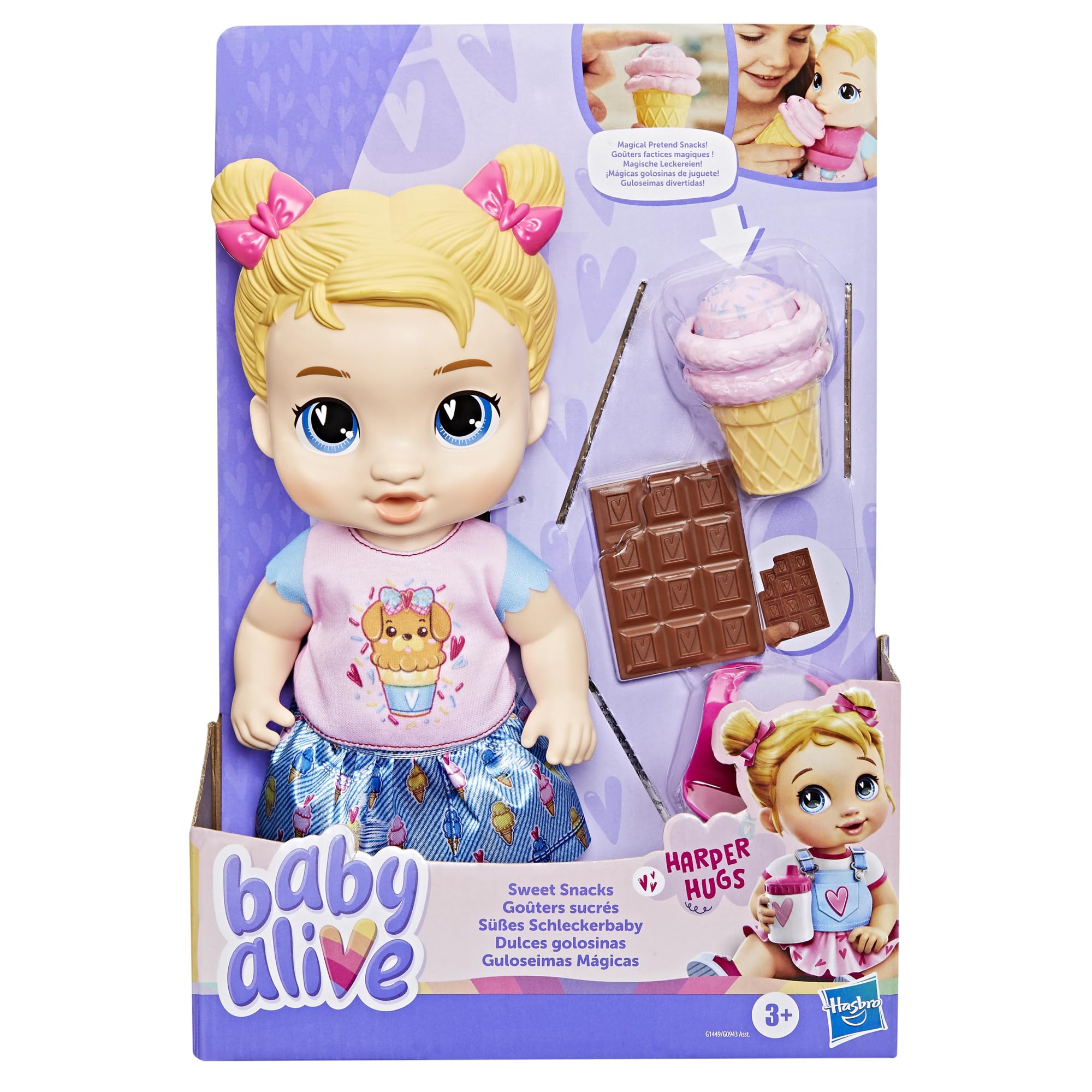 Baby Alive, Sweet Snacks Harper Hugs, Bambola con Cibo Finto, Capelli biondi, 28 cm, Giocattoli per Bambine e Bambini dai 3 Anni in su
