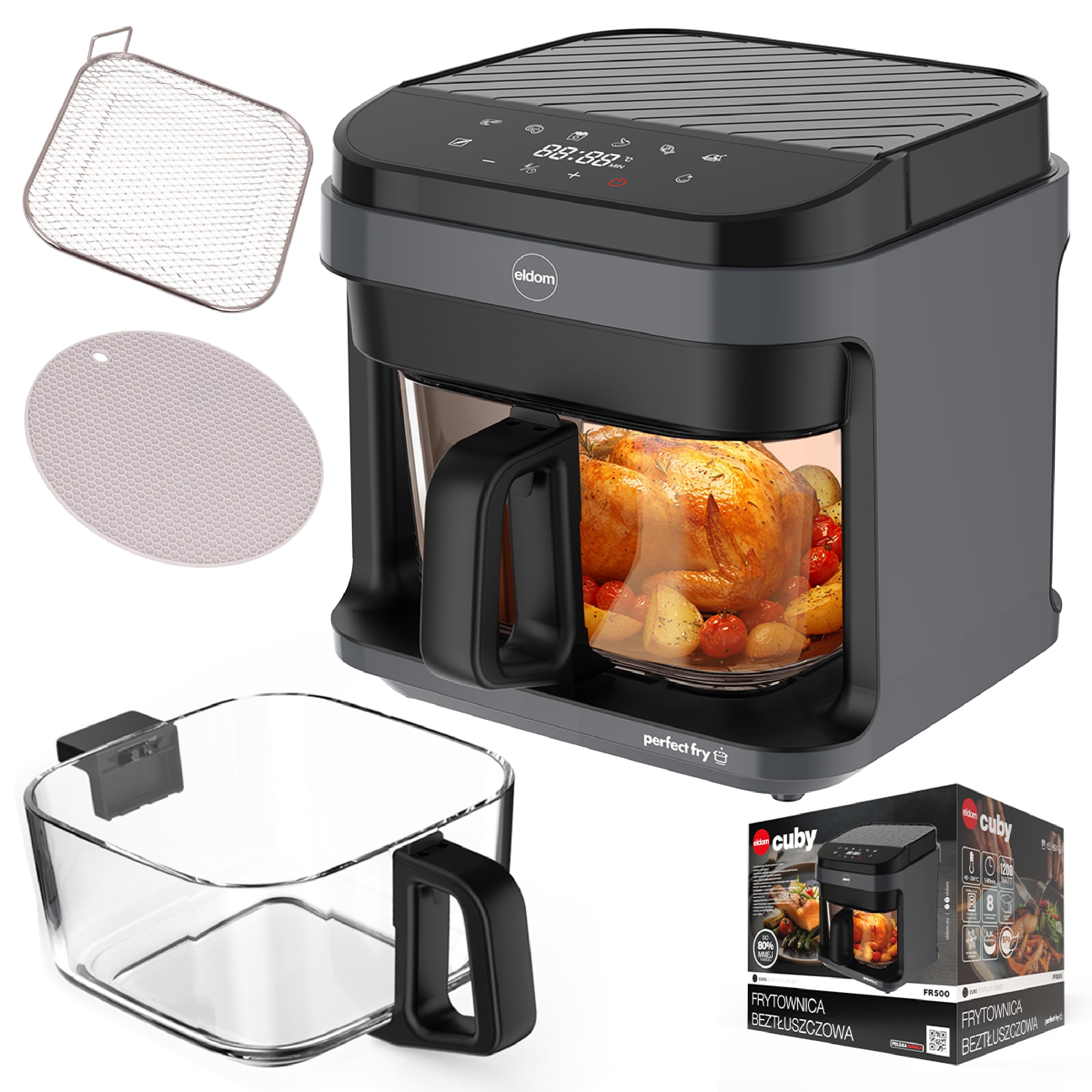 Freidora de aire caliente, 5,5 L, con recipiente de cristal, airfryer sin aceite, 1200 W, 8 programas, descongelación, pantalla táctil LED, 40 – 200 °C, incluye rejilla y alfombrilla de silicona