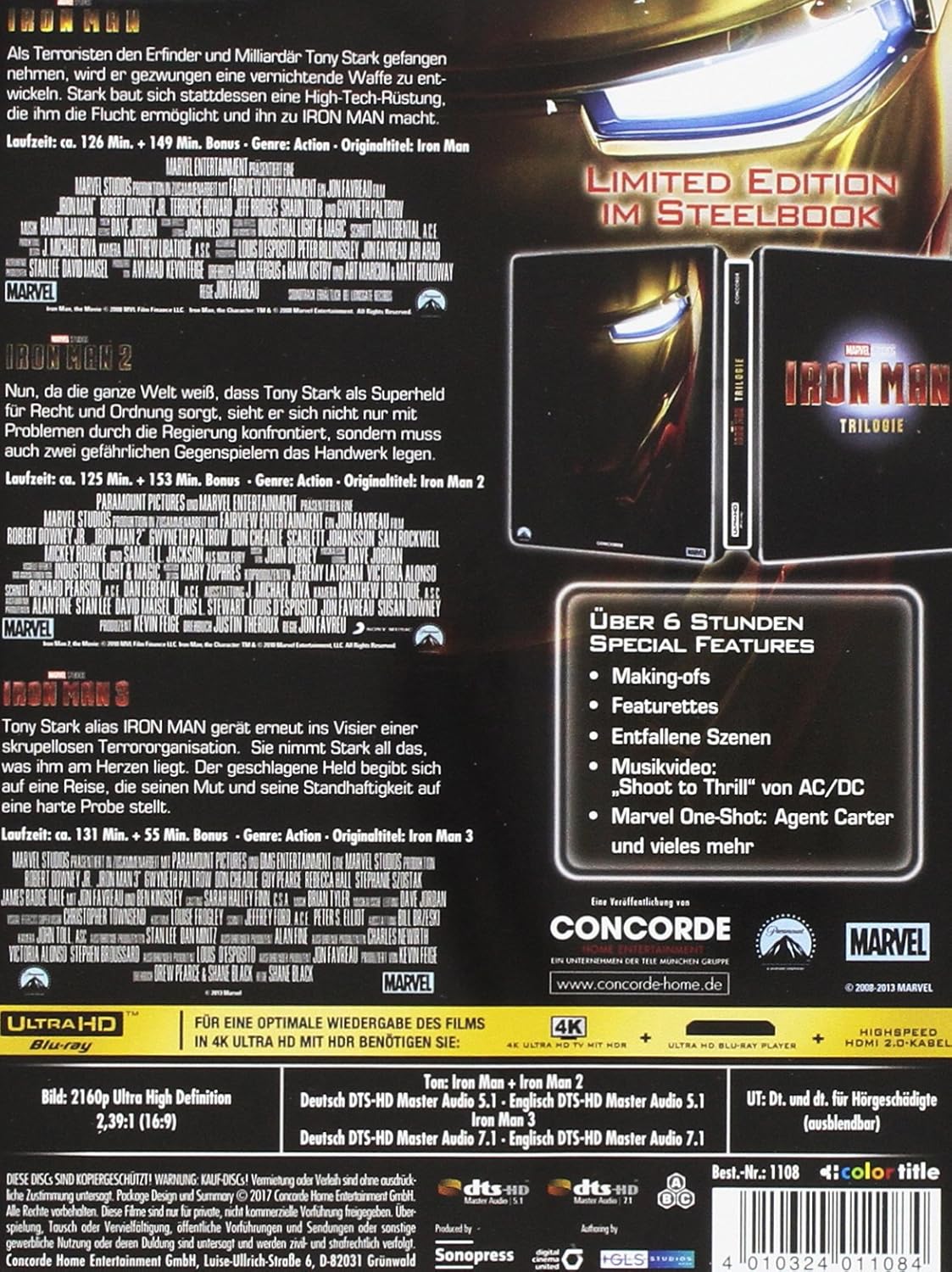 Iron Man Trilogie 4K, 6 UHD-Blu-ray (Limited Edition im Steelbook)
