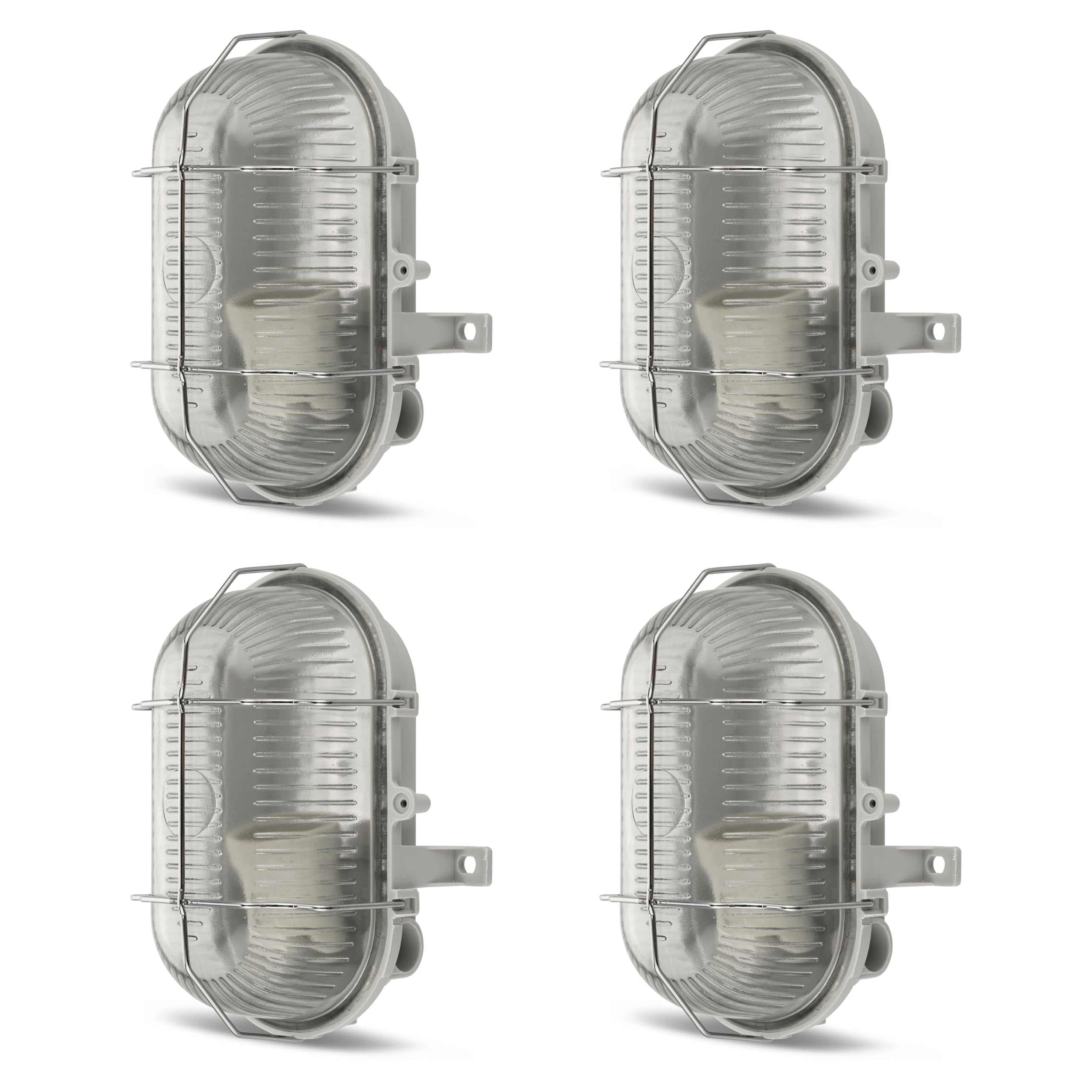 REV Kellerlampe SPARSET - 4x Feuchtraumleuchte LED oval (max. 60W, IP44), E27-Fassung, einsetzbar als Decken- oder Wandlampe, grau