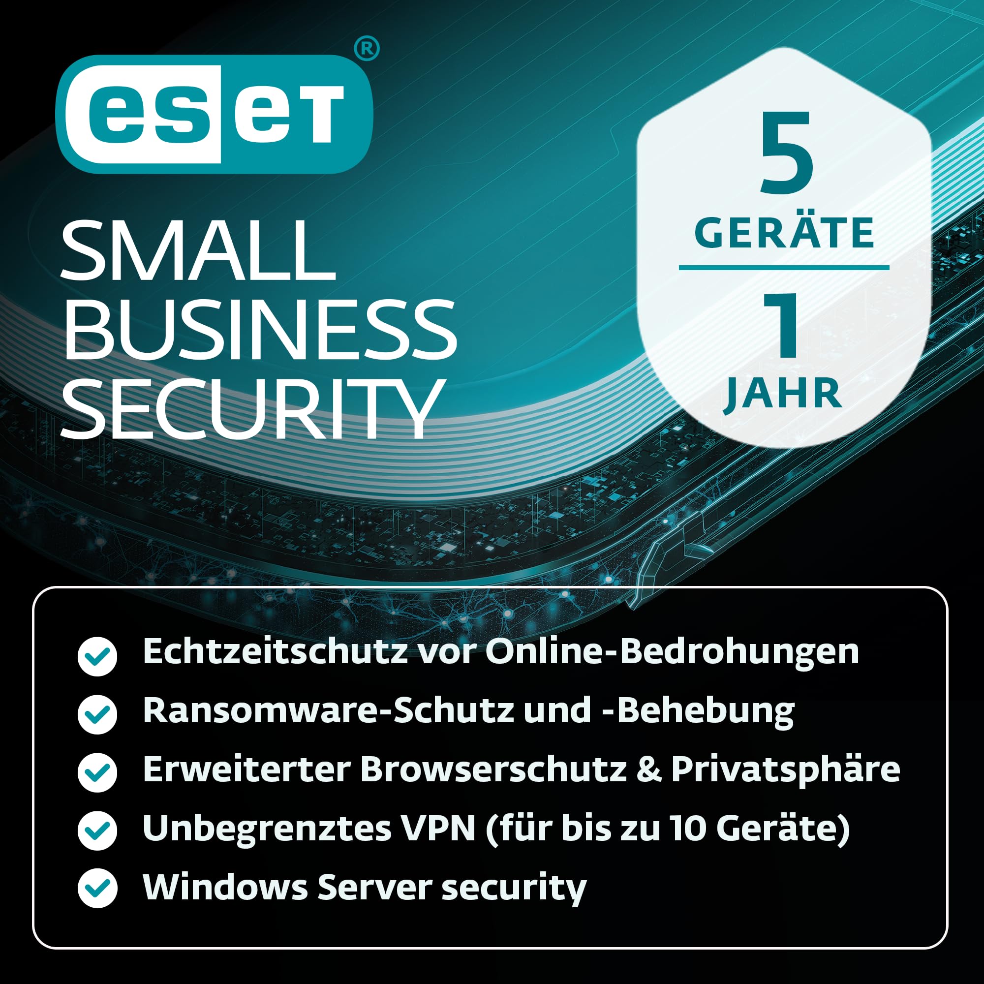ESET Small Business Security | 5 devices | 1 year | Antivirus, Safe Banking, Safe Browsing, Ransomware-Behebung, VPN, Secure Data, Safe Server | Activation key by email