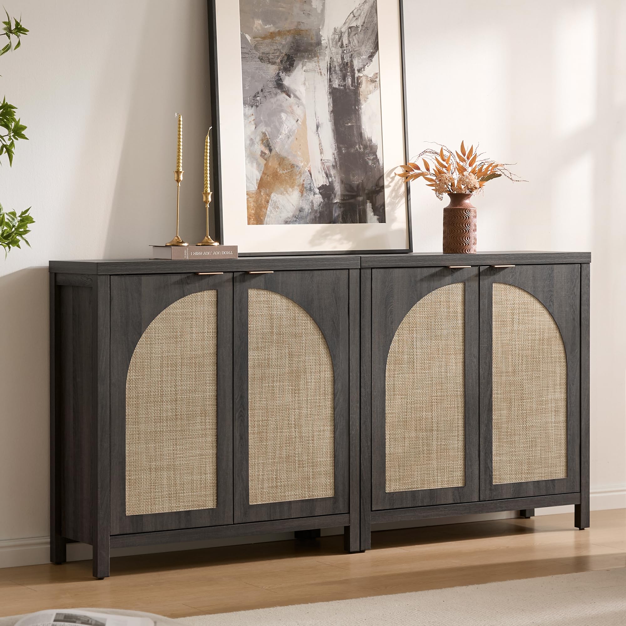 102"W Rattan Buffet Cabinet Set of 3 Arch Doors Boho Media Console Black Oak image 4