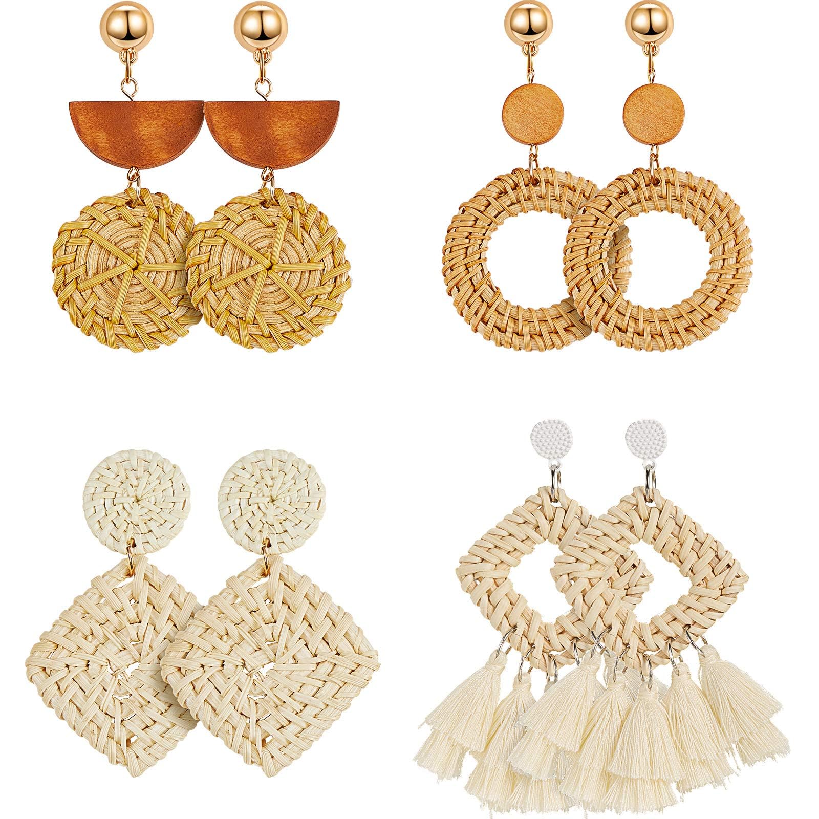 meekoo 4 Pairs Rattan Earrings for Women Beach Essentials Tassel Dangle Boho Straw Earrings
