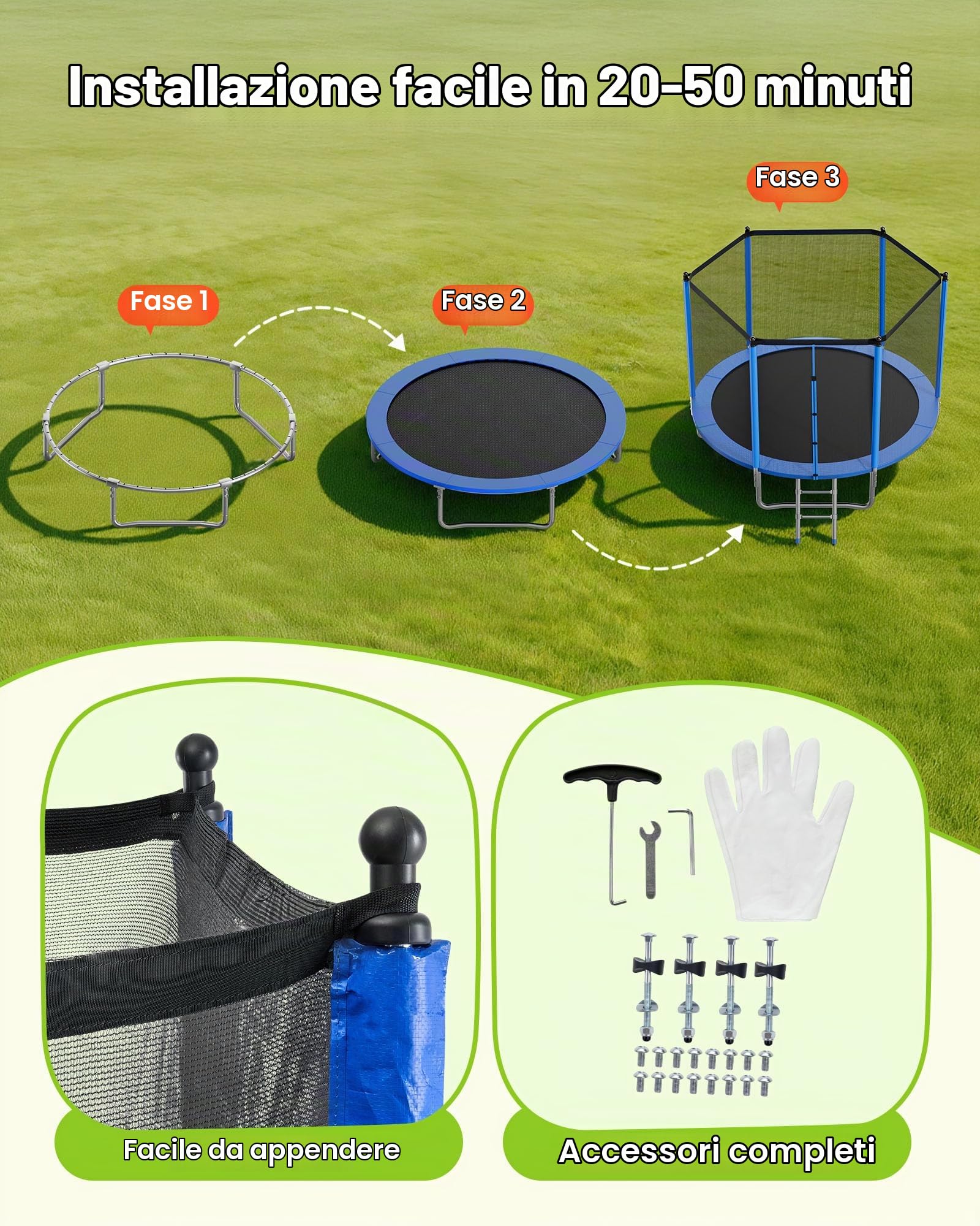VEVOR Trampolino da Esterno 305 x 305 cm con Rete di Sicurezza e Telaio in Acciaio, Omologato ASTM, per Carichi Pesanti, Capacità Massima di 150 kg, Trampolino da Giardino per Bambini