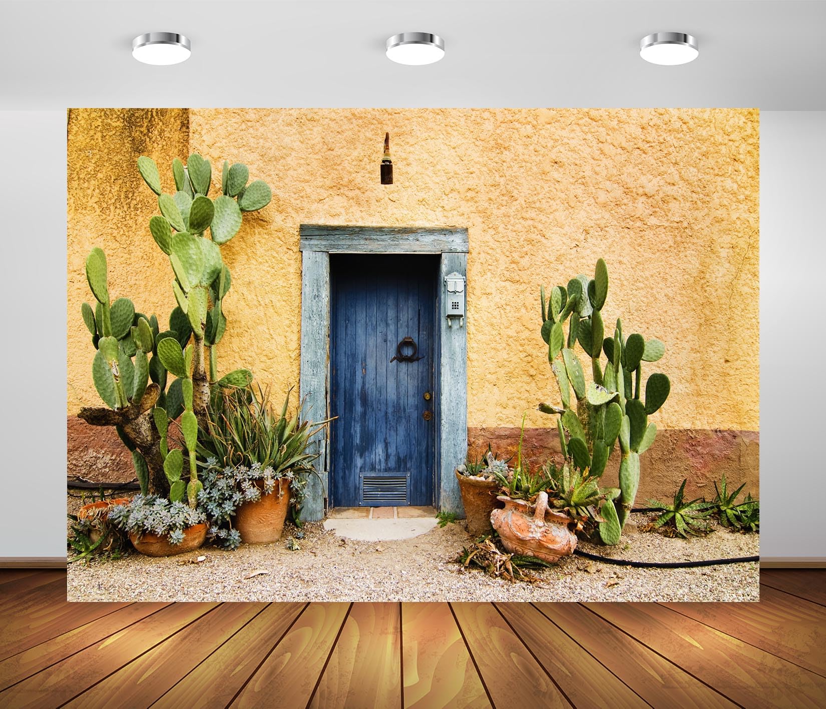 BELECO 7x5ft Fabric Mexico Retro House Backdrop Old Blue Wooden Doorway with Cactus Tequila Plants Vintage Yellow Stucco Wall Mexican Theme