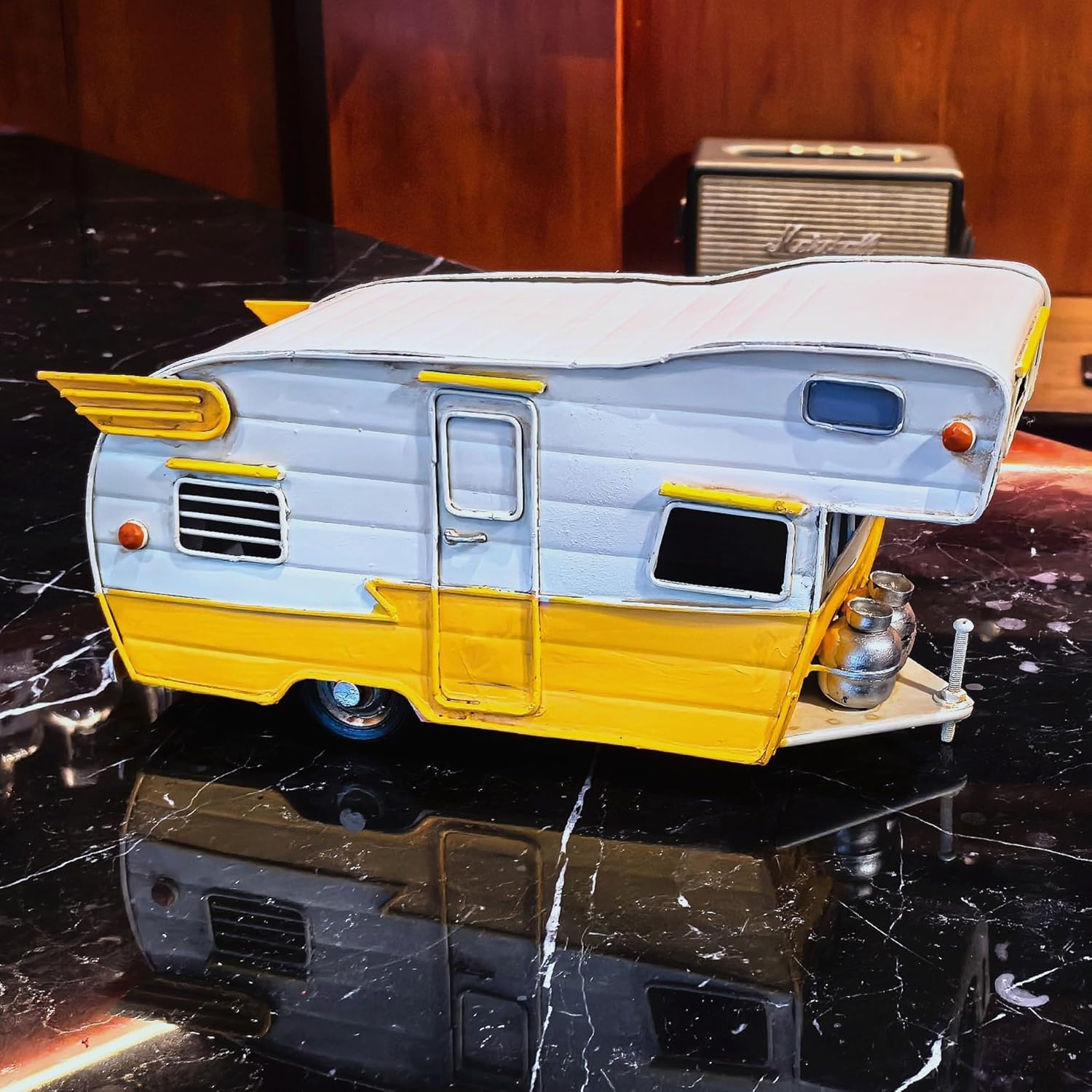 Vintage Campers Travel Trailer Model Beach Wagon White and Yellow Touring Car Model Station Wagon Home Decor Gift for Motorhome Model Enthusiast