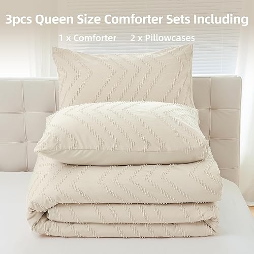 Miniatura 6 de Yirddeo Juego de edredón, ropa de cama tamaño queen, de 3 piezas, diseño bohemio, forma en V, mullido, ligero, neutro, para casa de campo (1